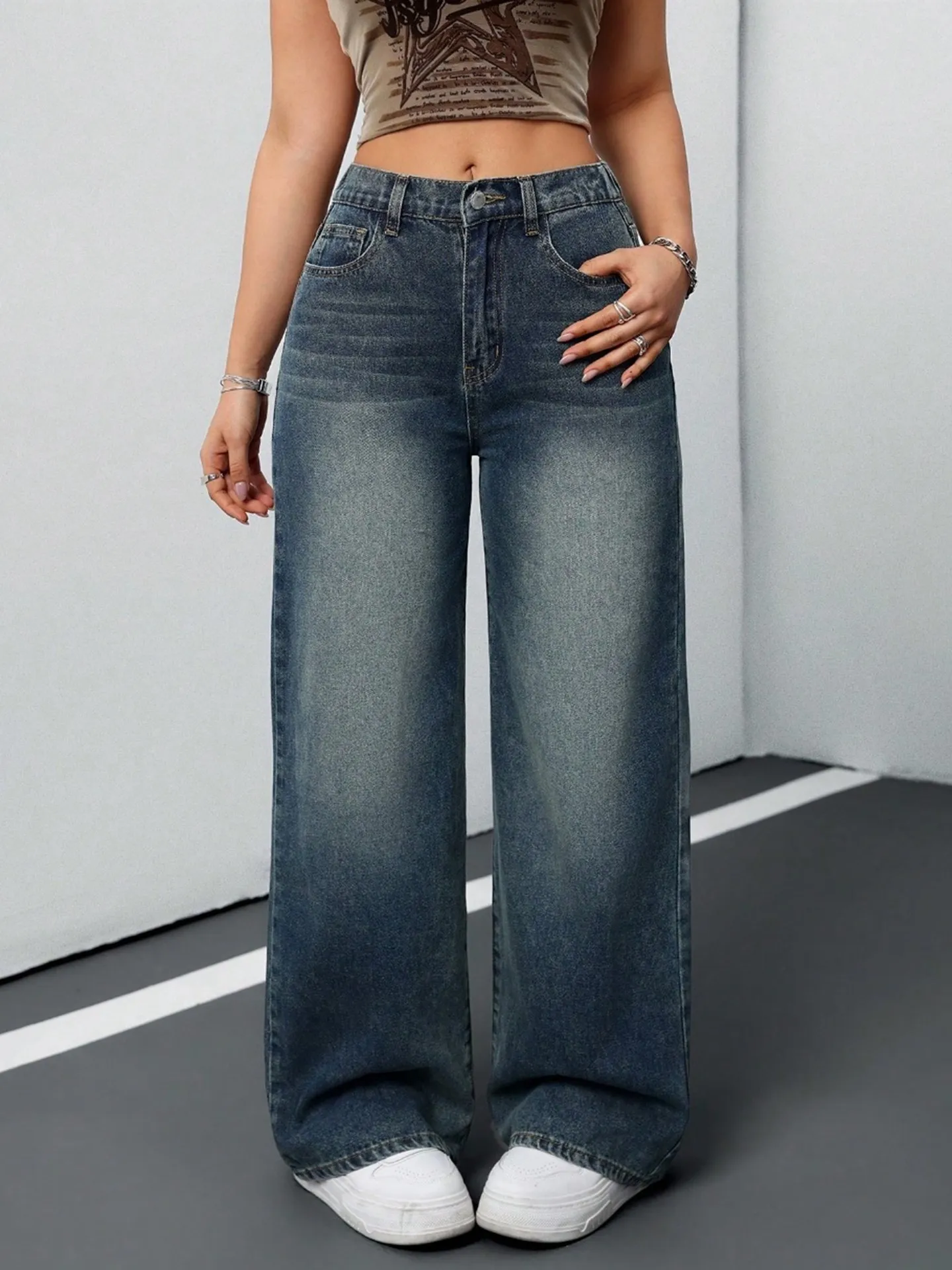 [ Slight Stretch ] Elastic Waistband Vintage Straight Leg Jeans ...