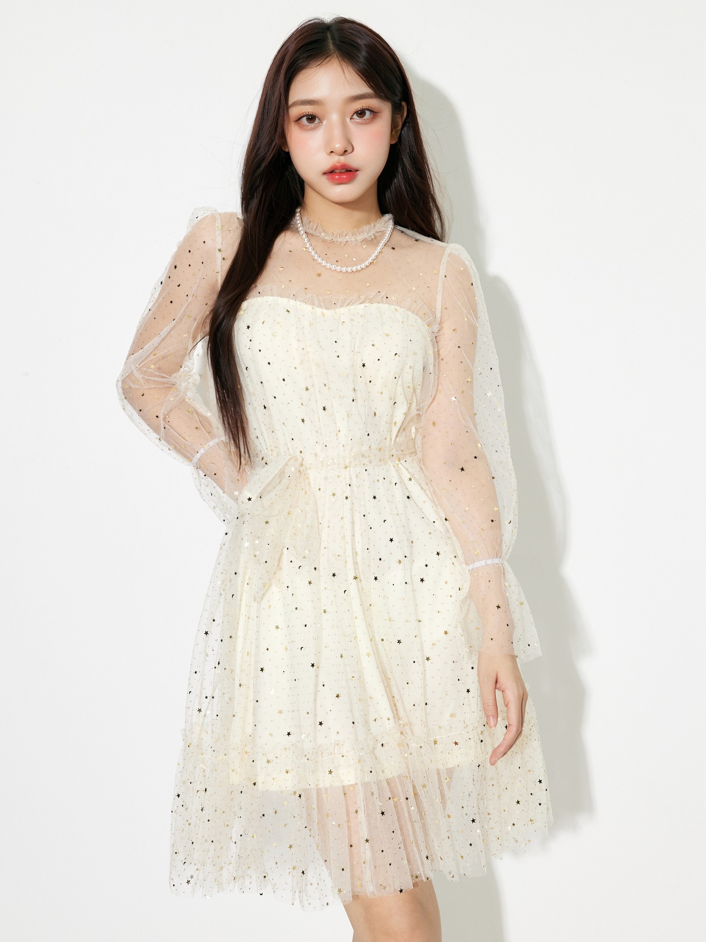 Apricot Sequinned A-line Mesh Dress