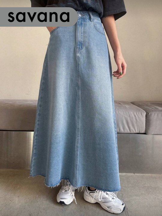 High Waist Light Wash Raw Hem Denim A-Line Skirt