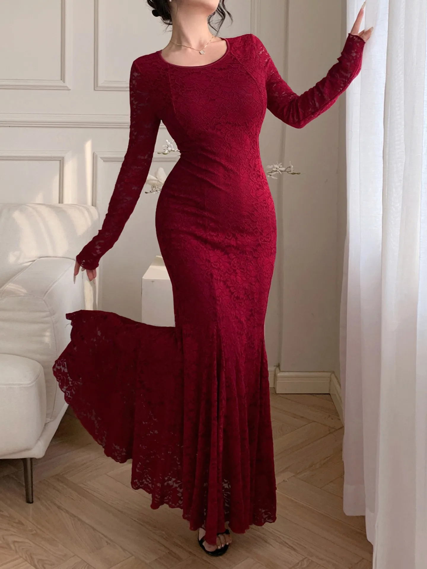 red lace fishtail dress 2026 Red Lace Fishtail Bride Wedding Cheongsam Gown