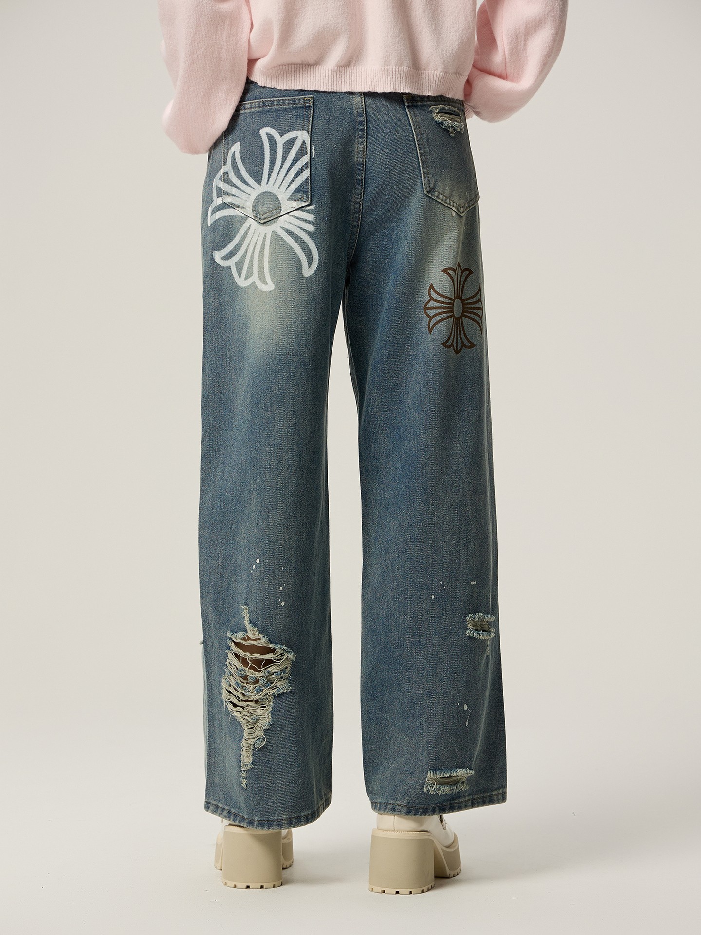 Blue Ripped Straight Leg Jeans