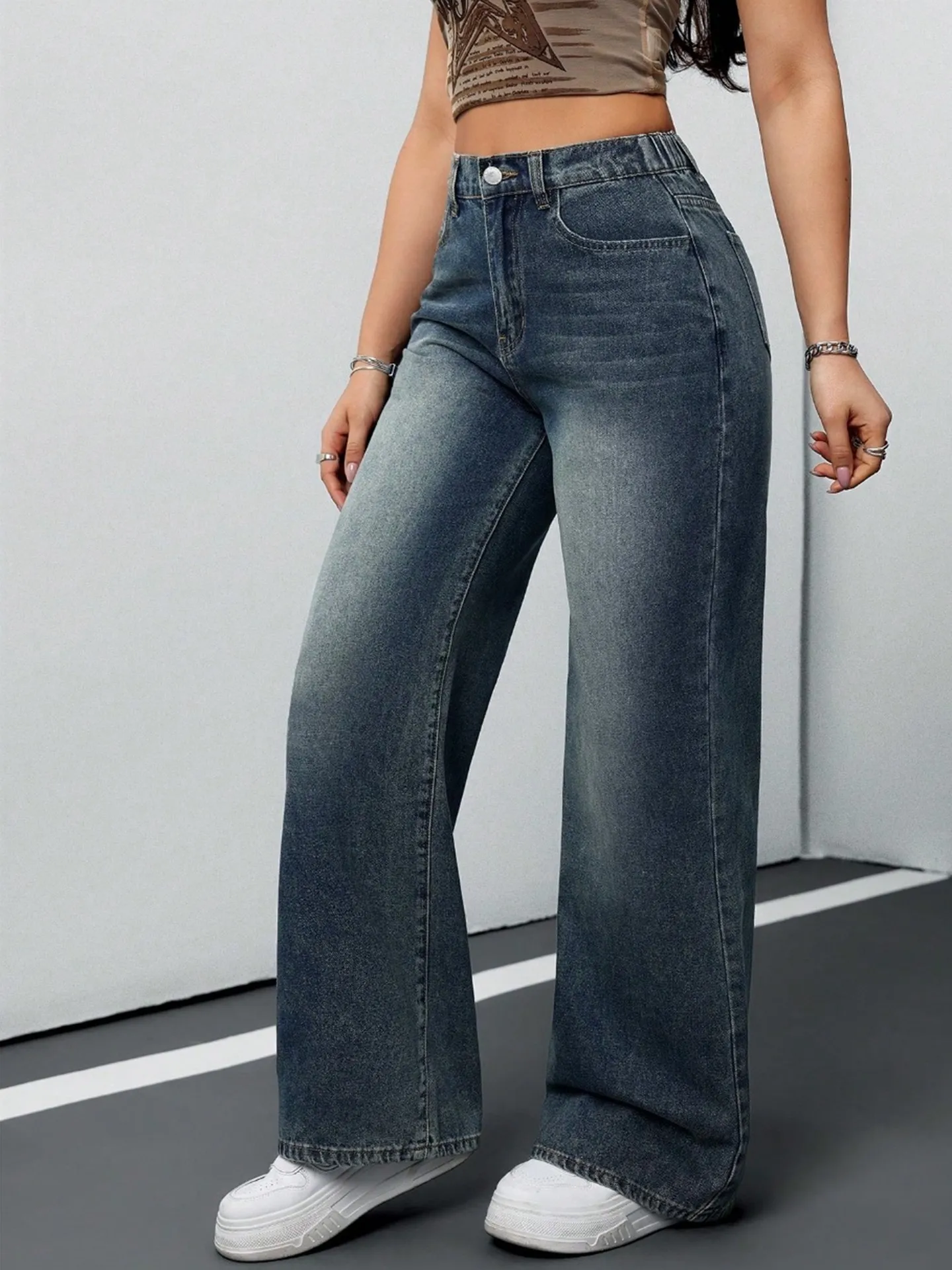 [ Slight Stretch ] Elastic Waistband Vintage Straight Leg Jeans ...