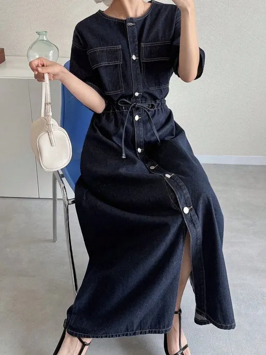 women's a line denim dress Blue Denim Embroidered Belted Half Sleeve Midi Dress main image 1