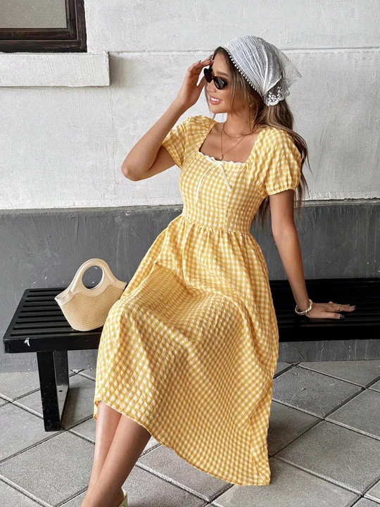 how to cut a line dress pattern A Line Spaghetti Straps Yellow Long Prom Dress with Ruffles main image 0