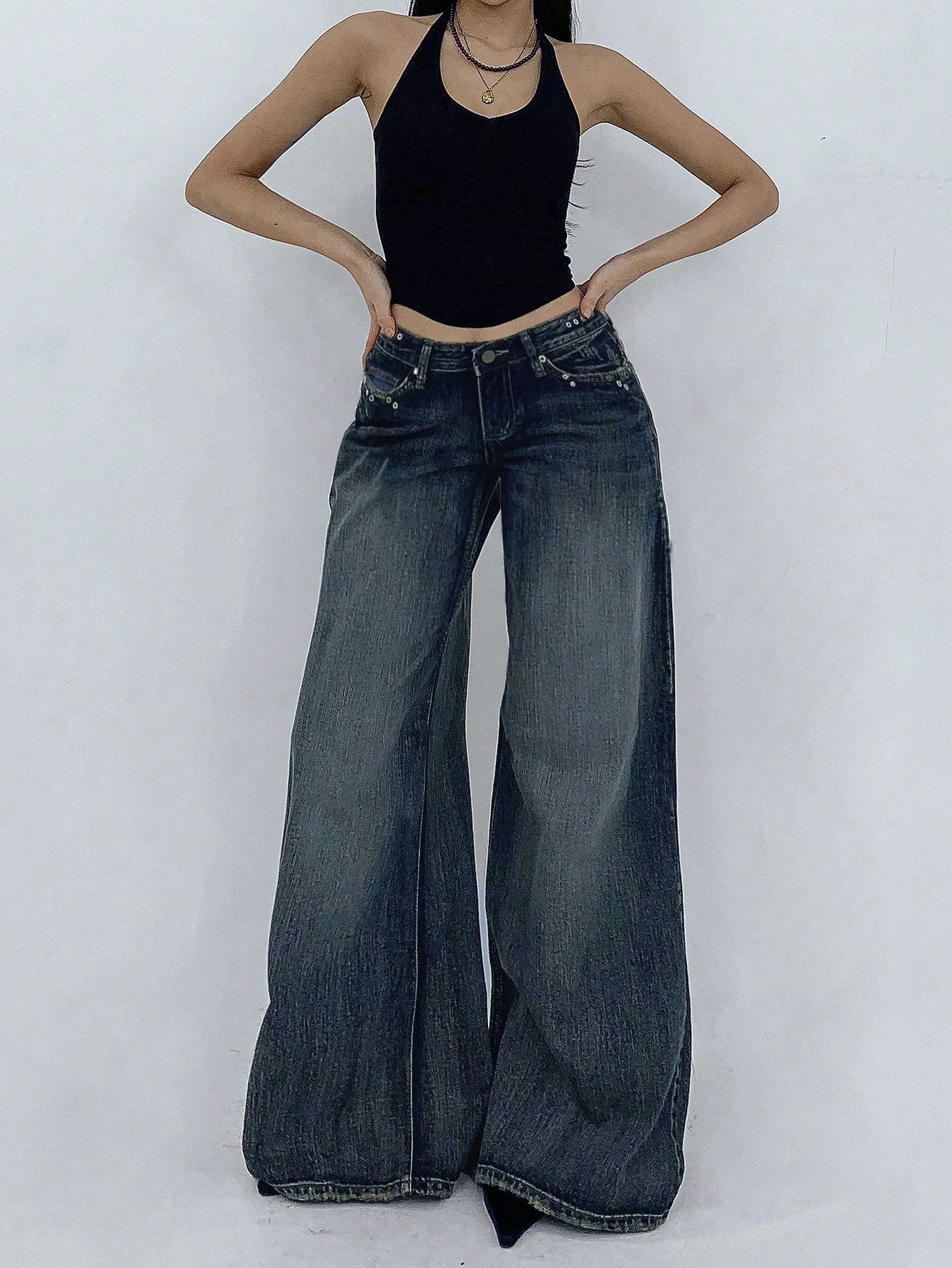 Women’s Risen High Rise Dark Wash Wide Leg Jeans Style #1594