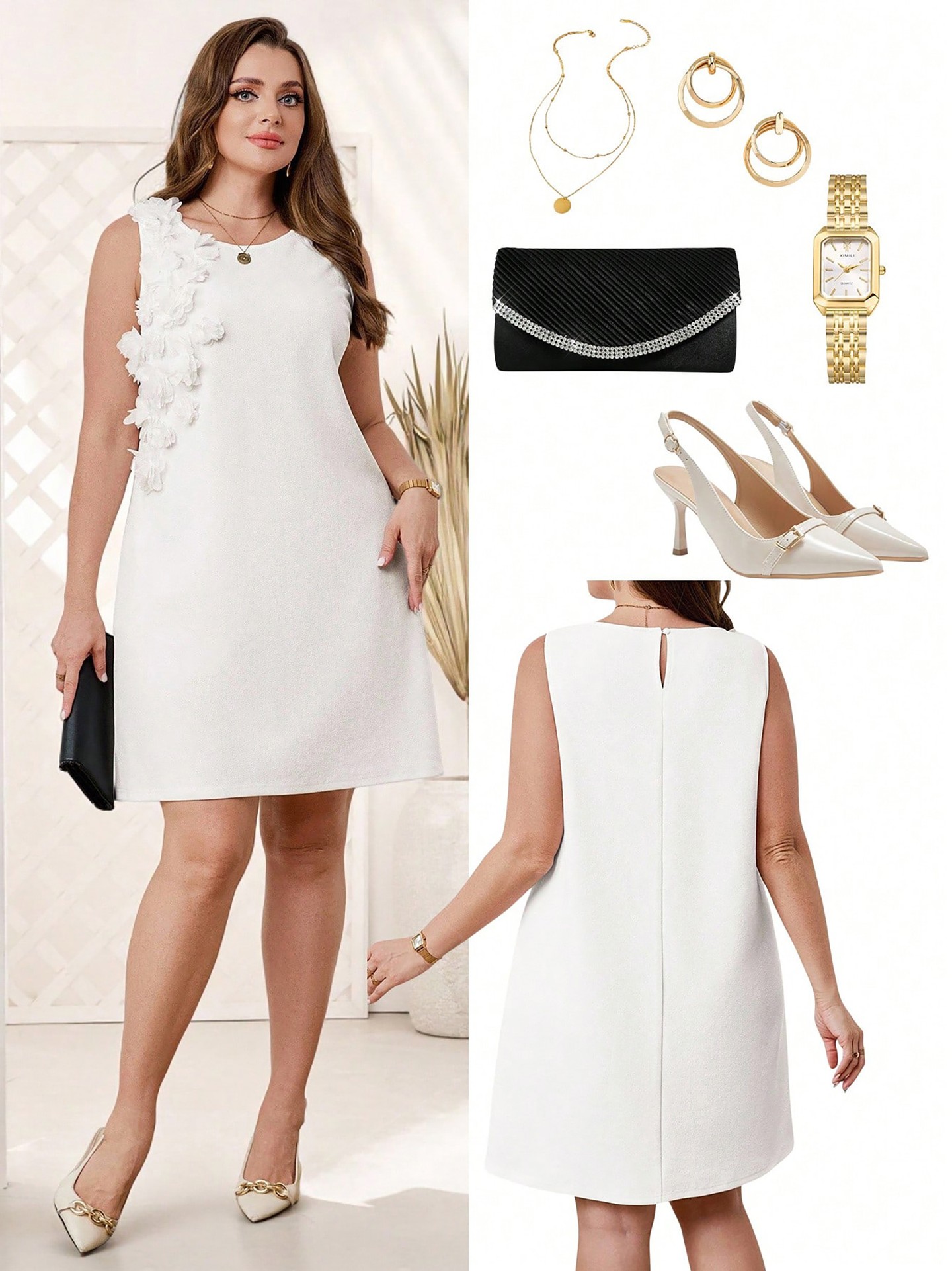White Plus Size 3D Floral A-Line Dress