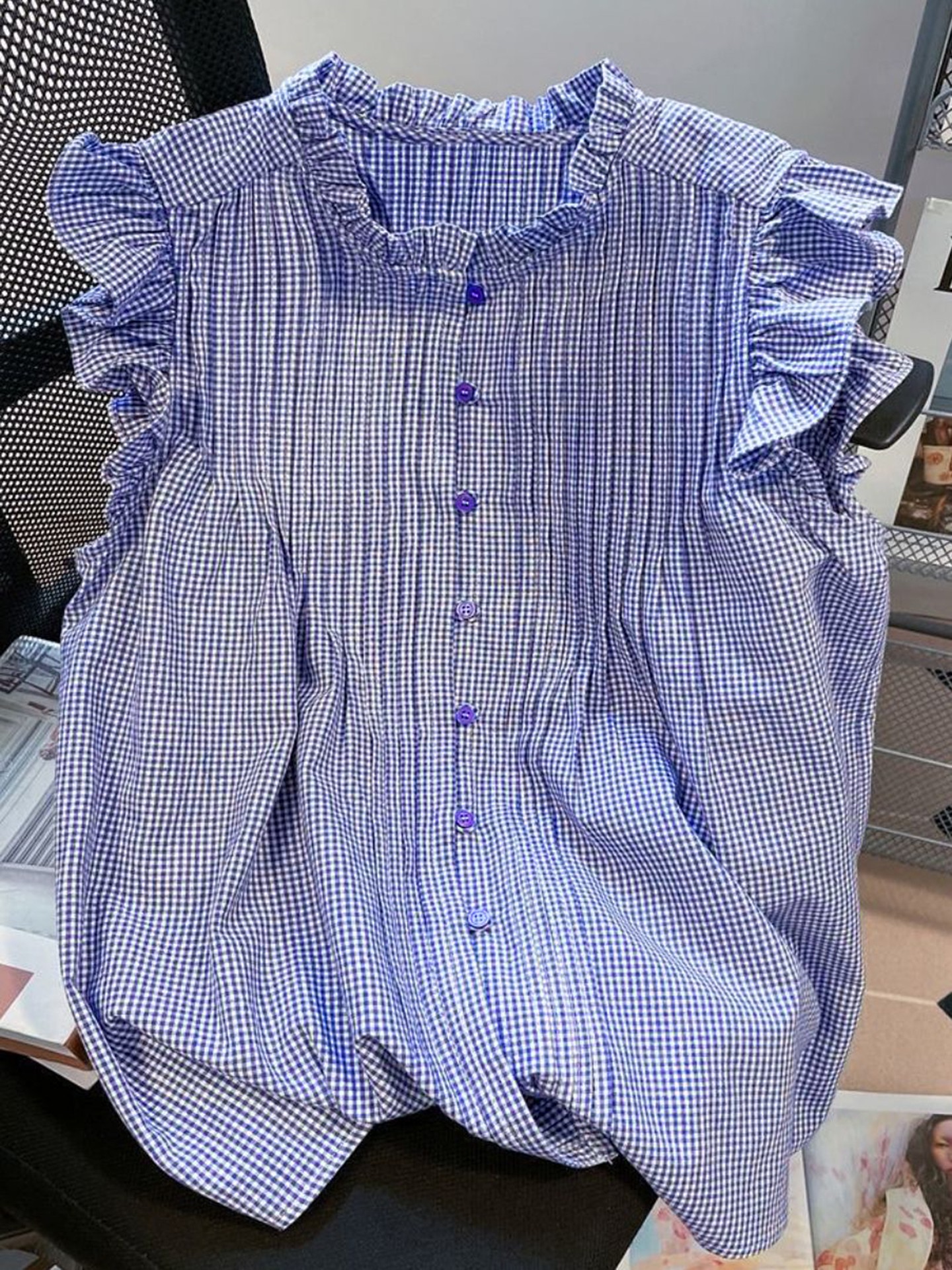 Blue Ruffle Placket Blouse