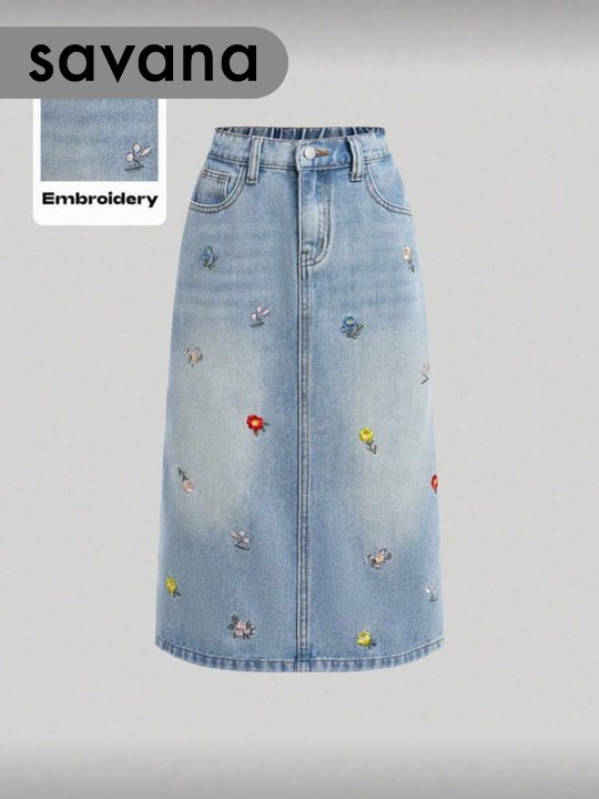 High Waist Light Wash Elastic Embroidered Denim A-Line Skirt