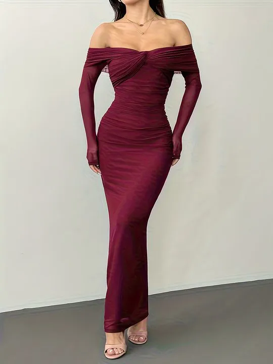 princess bodycon dress Princess Road - Off-Shoulder Long-Sleeve Sequined Shirred Slit Midi Bodycon Dress