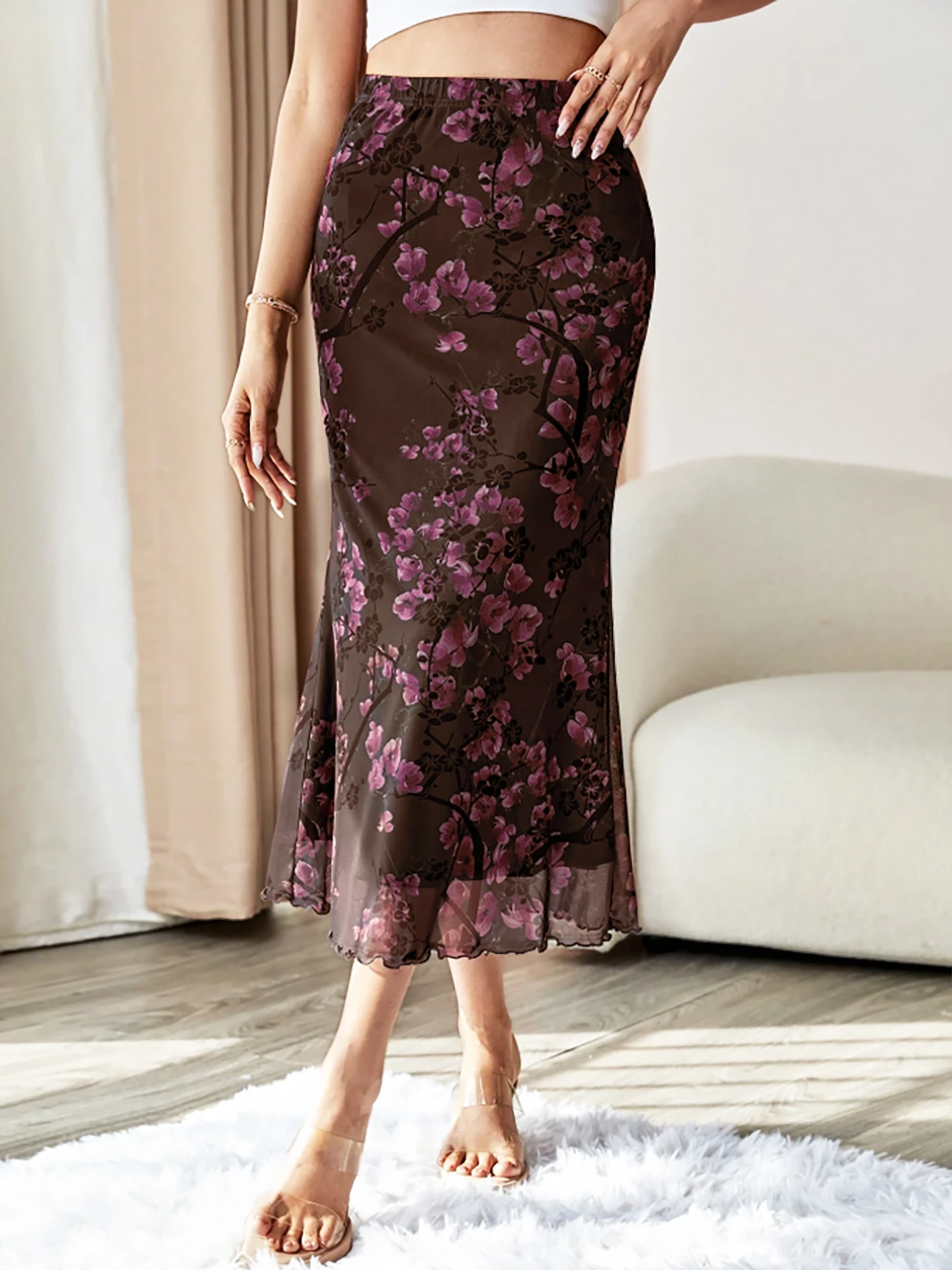 SACRA Flower Print Mermaid Long Skirt