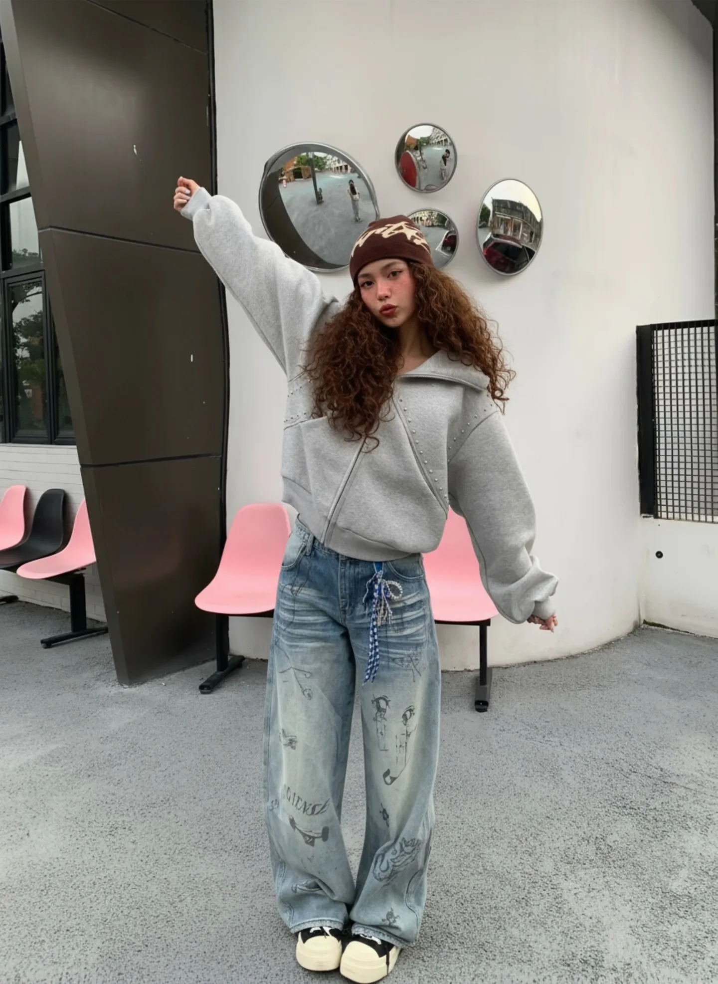 Y2K High Waist Cartoon Print Light Wash Wide Leg Jeans | Savana