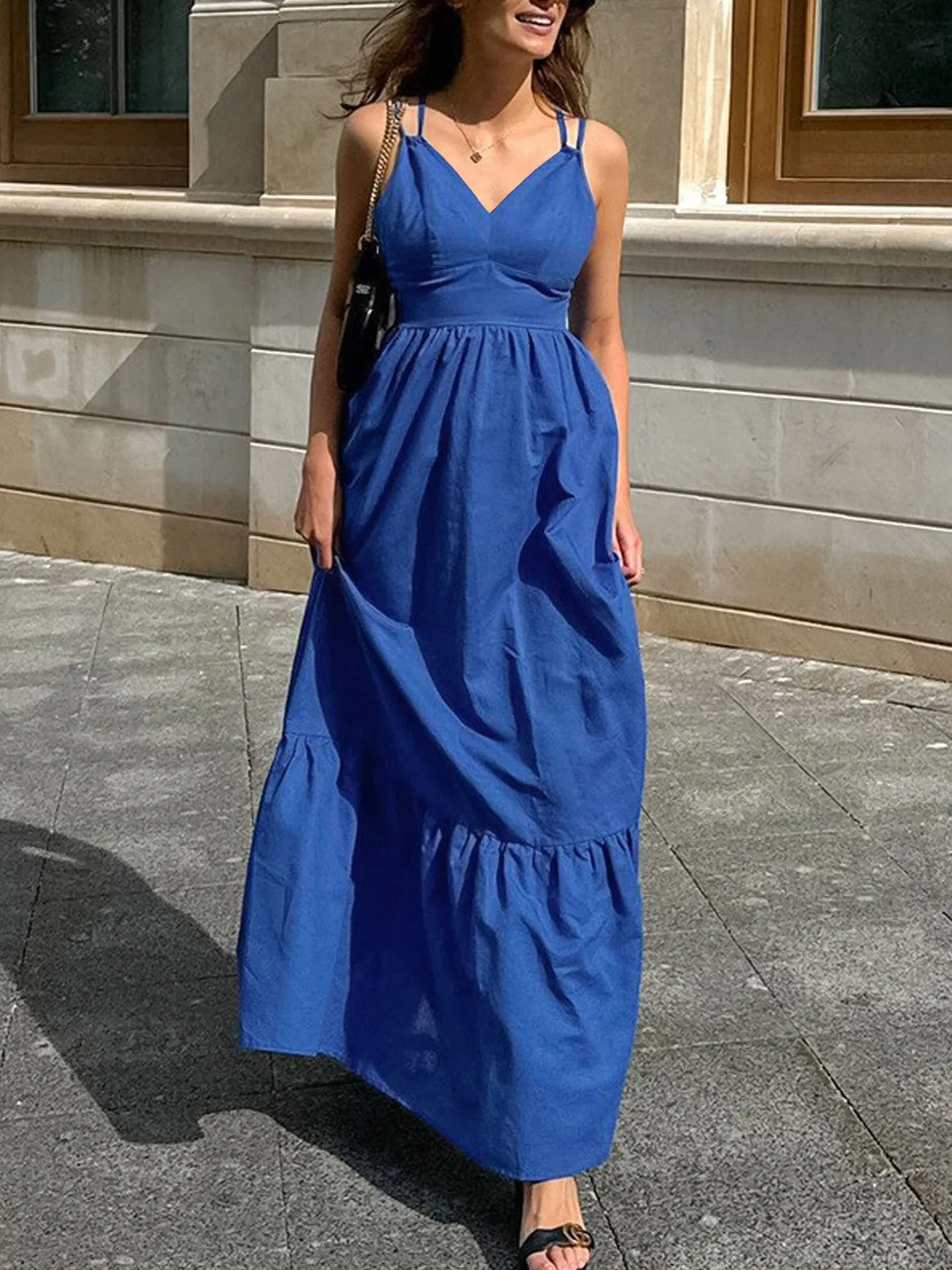 Savana Blue Backless A-Line Dress (Xs), Vacation, Elegant, Summer, Plunging Neck, Sleeveless, Sleeveless, High Waist, Cotton, Backless, Beach