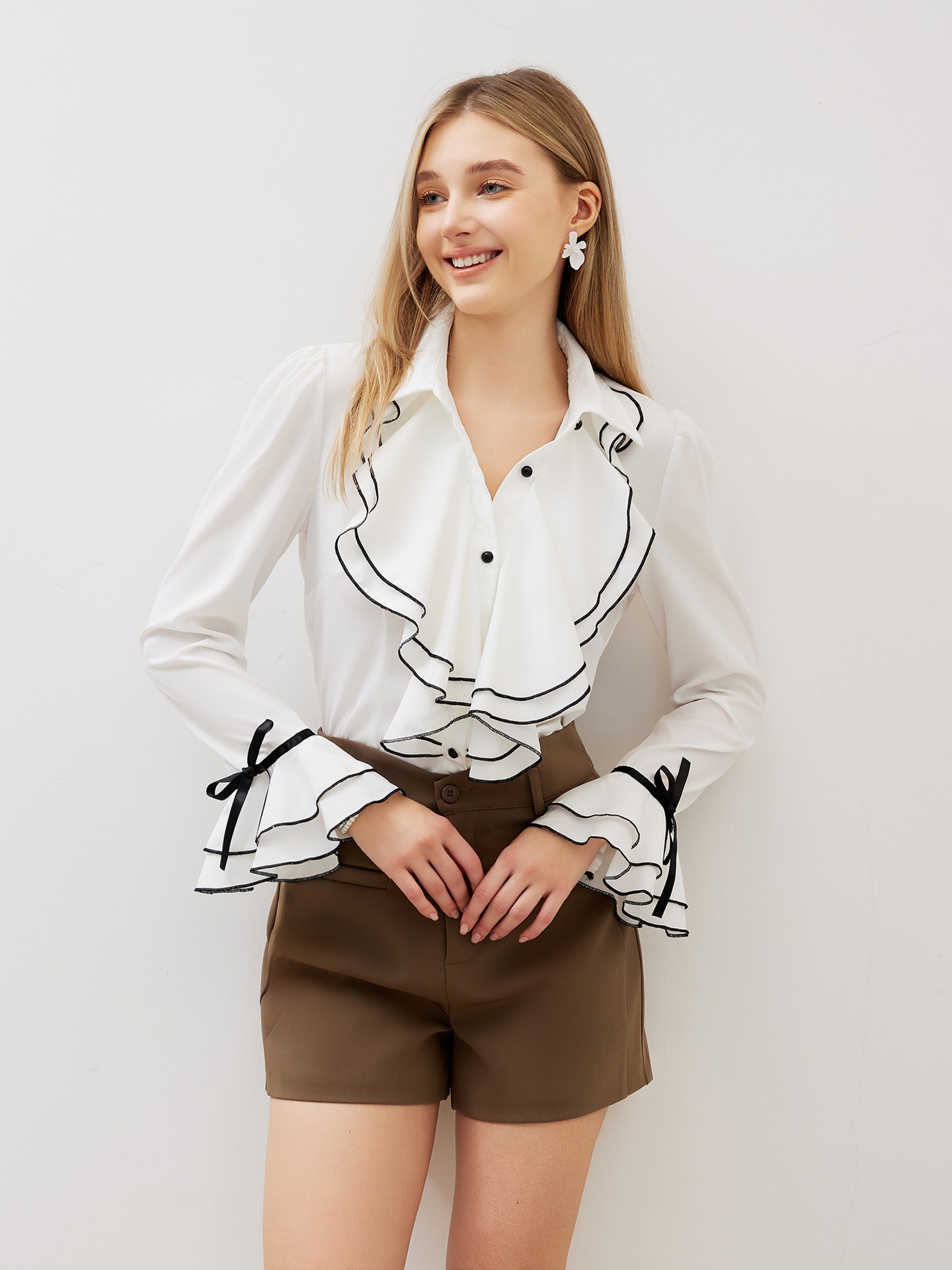 White Ruffle Placket Blouse