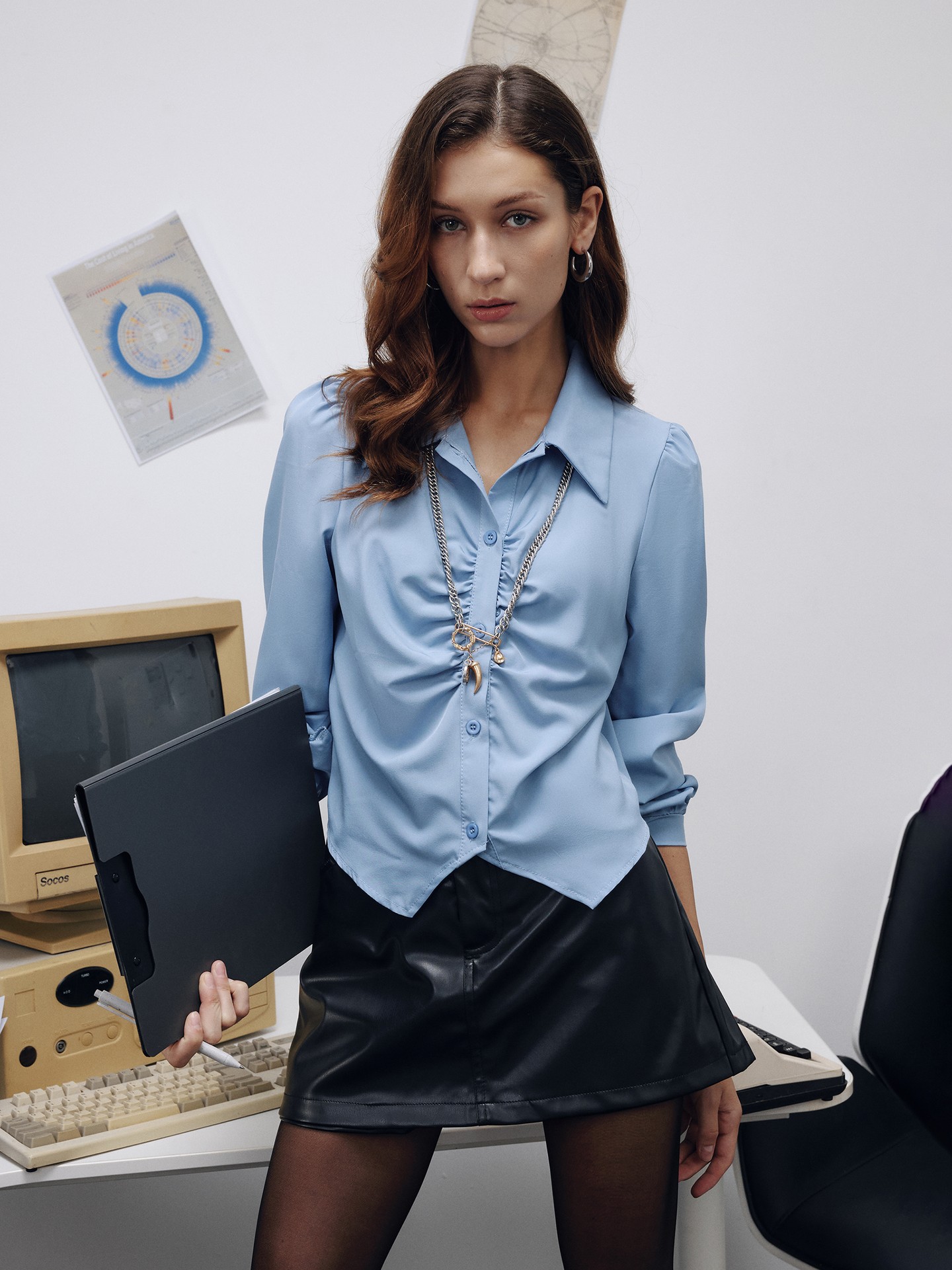 Blue Gathered Placket Blouse
