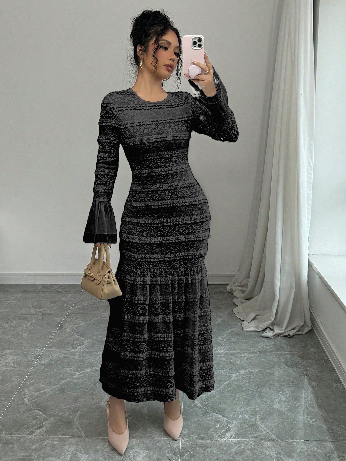 Black Casual Bodycon Bell Sleeve Gathered dress
