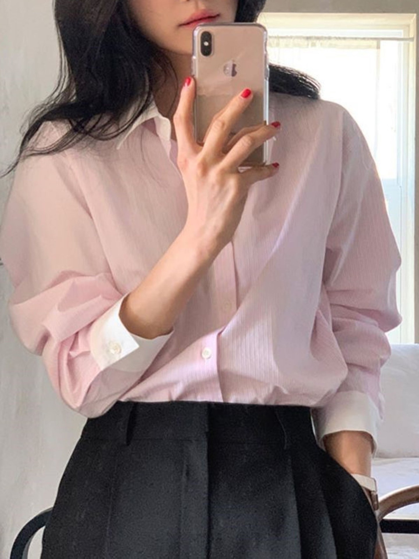 Pink Colour Block Placket Blouse