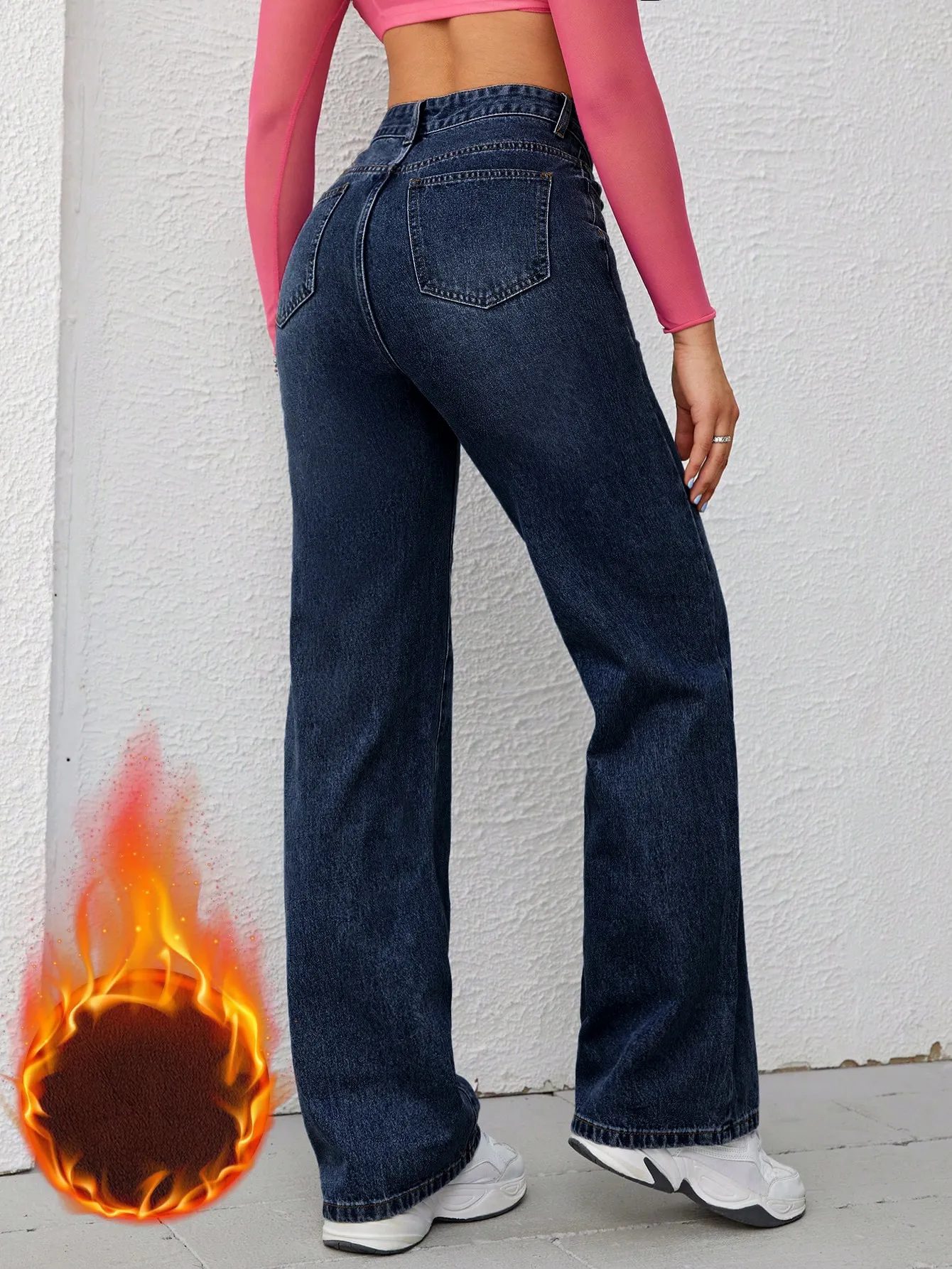[ Slight Stretch ] High Waist Fleece-Lined Dark Wash Straight Leg Jeans ...