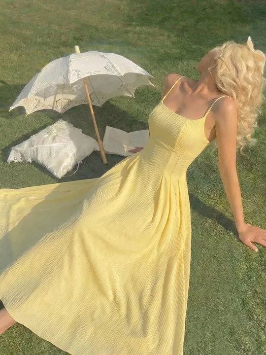 knee length dresses for ladies Evette Yellow Cotton Midi Dress – Colleen Collective main image 1