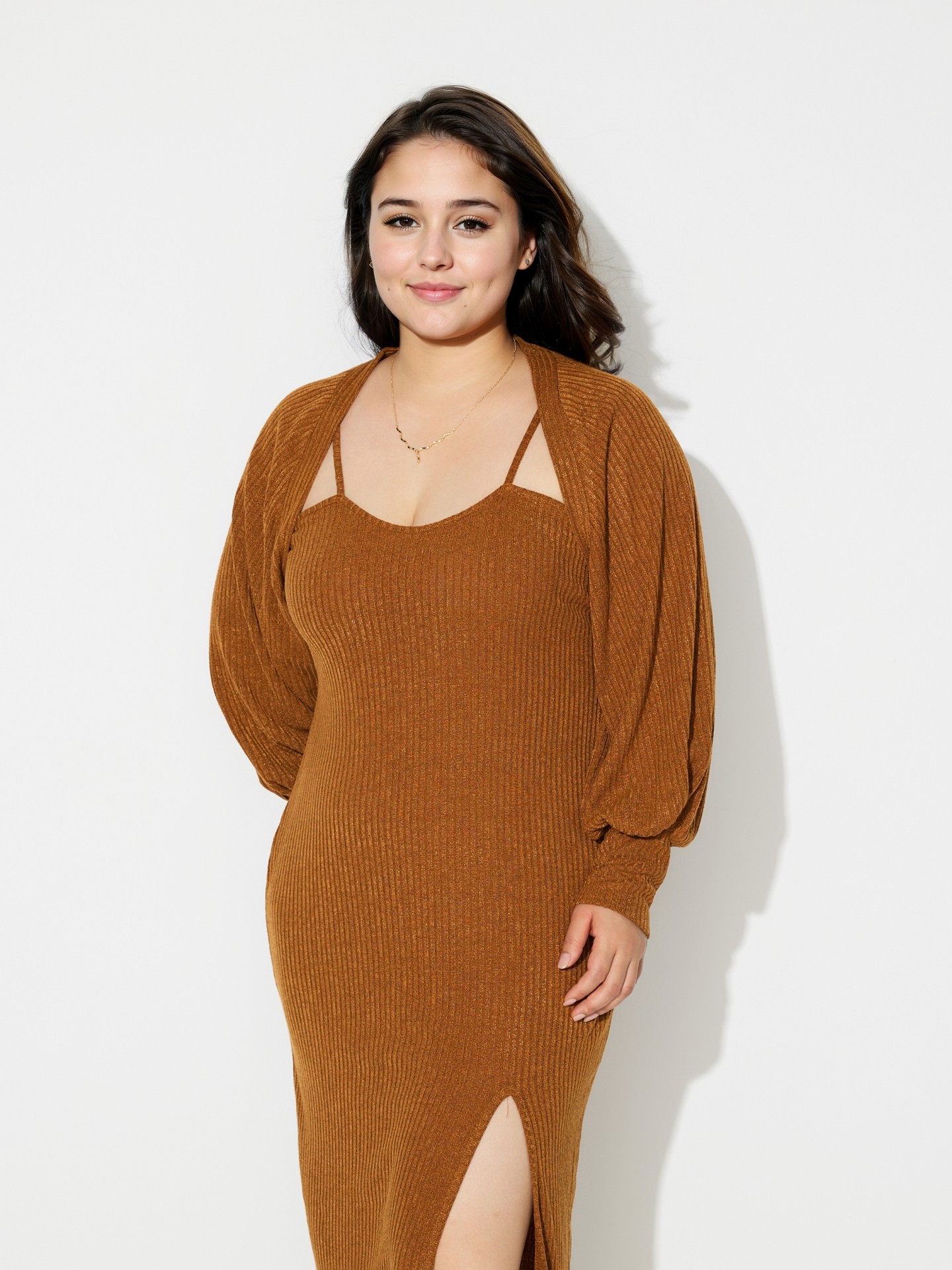 Brown Plus Size Slit Bodycon Dress