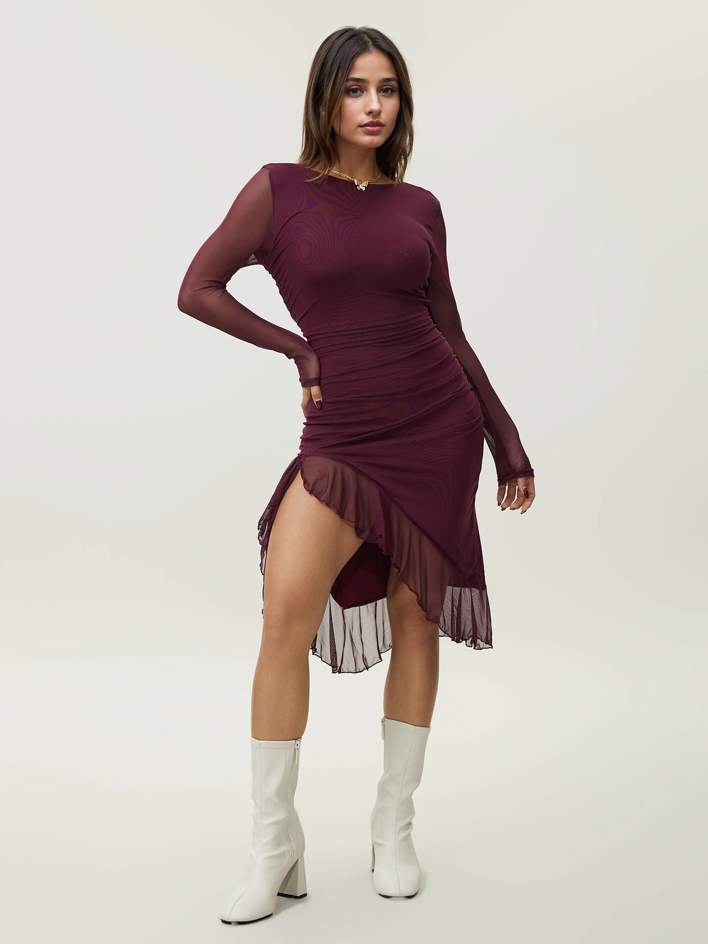 Women's Ribbed Scoop Neck Maternity Dress - Long Sleeve Bodycon With Lettuce Trim For Pregnancy - View #14