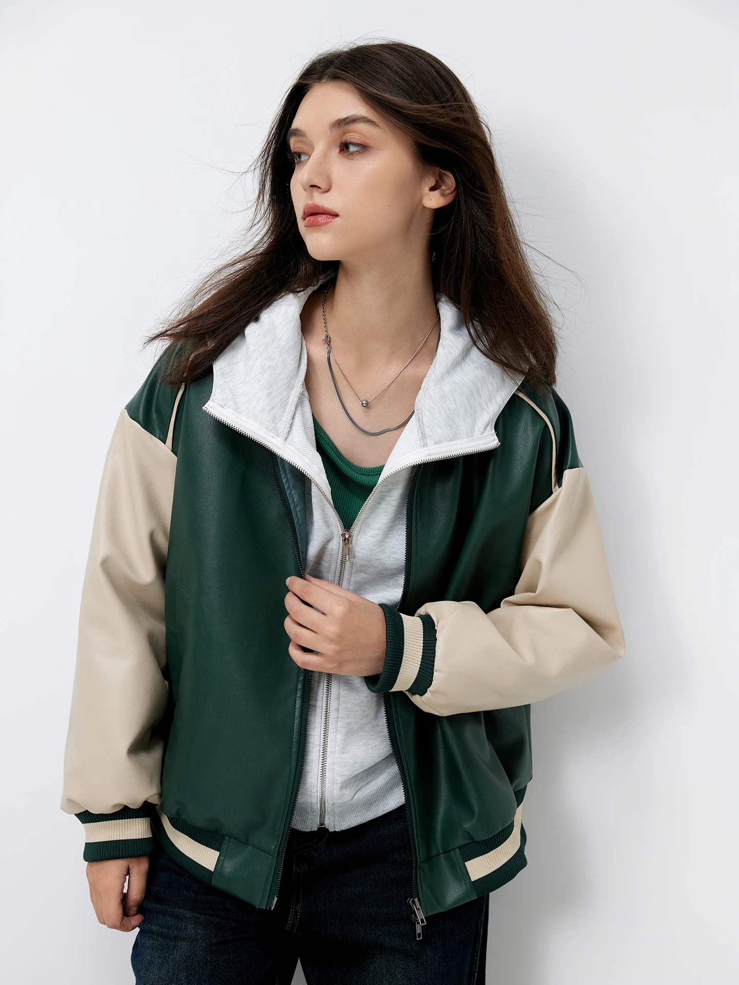 Colour Block Faux Leather Jacket