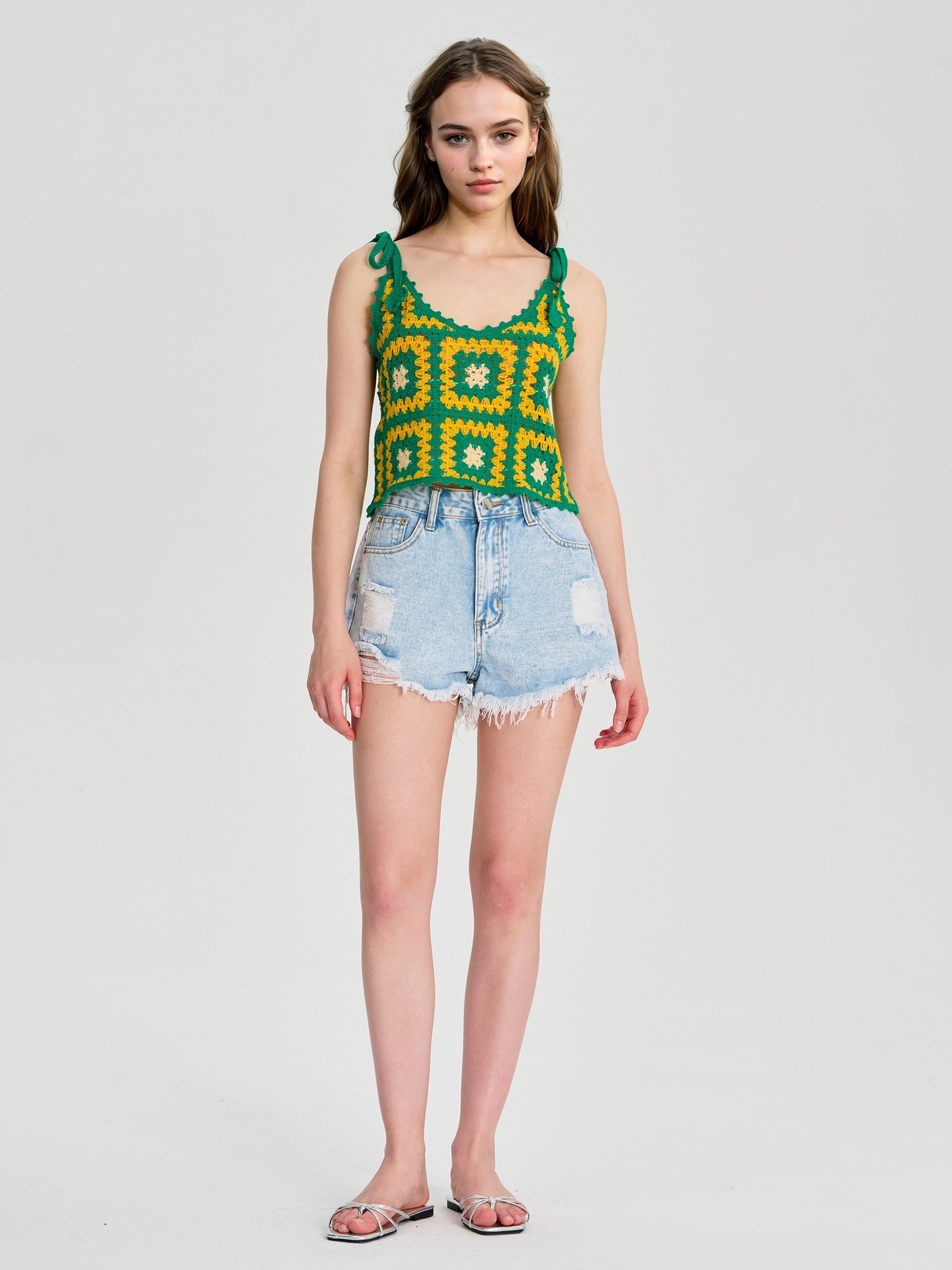 Green Color Block Crochet Top