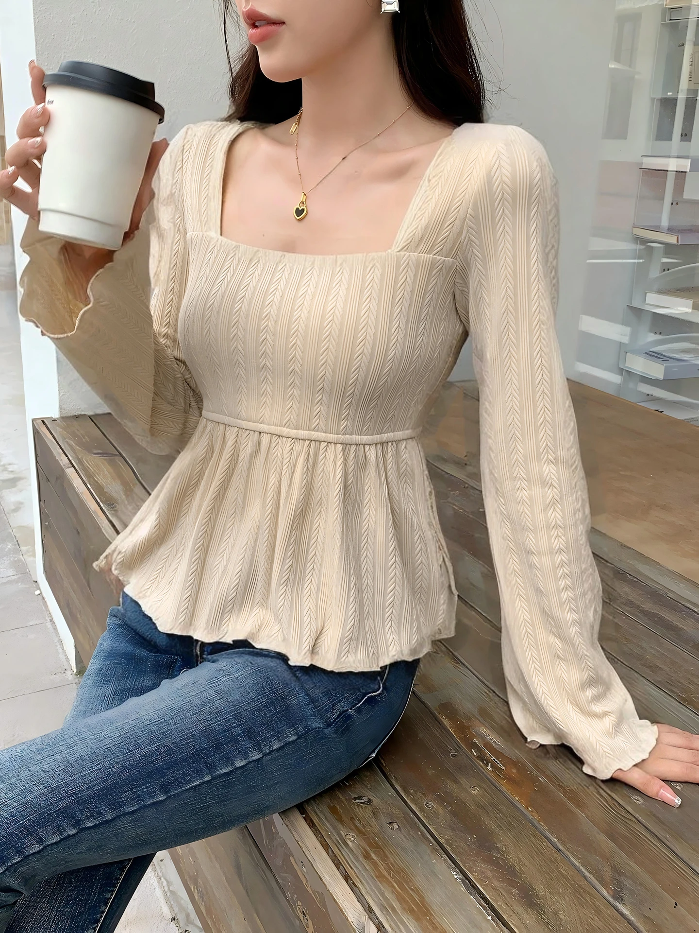 Textured Square Neck Peplum Top