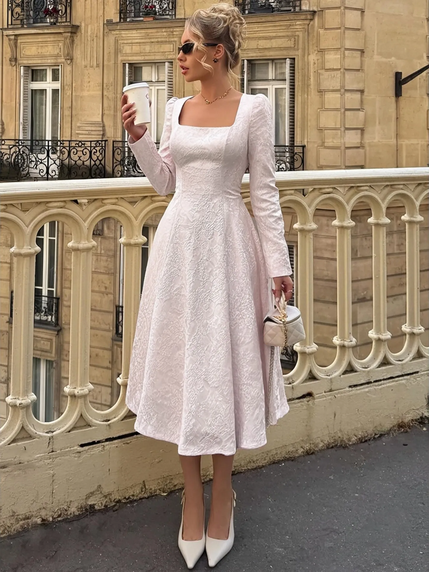 blue a line dress with sleeves Dusty Blue Sequined A-Line Long Sleeves Sweetheart Prom Dress – Dbrbridal main image 1