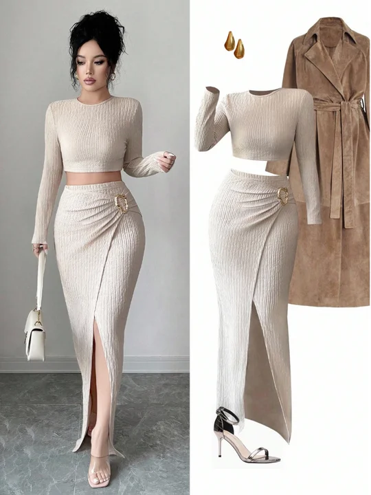 Fishtail Skirt Lace Crop Top And Maxi Skirt Set Skirt Set Co Ord Lace Top  And Plating rib tops ＆ Mermaid skirt セットアップ