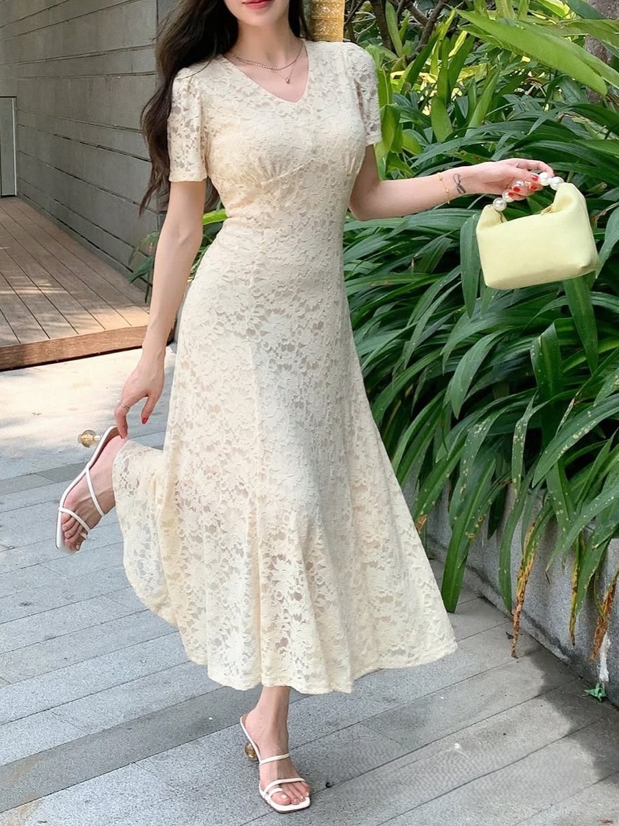 Apricot Lace-trimmed A-Line Dress