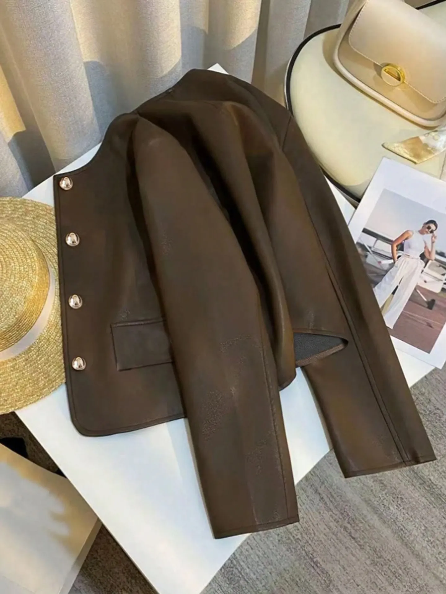 Olive Faux Leather Buttoned Front Boxy Jacket main image 0