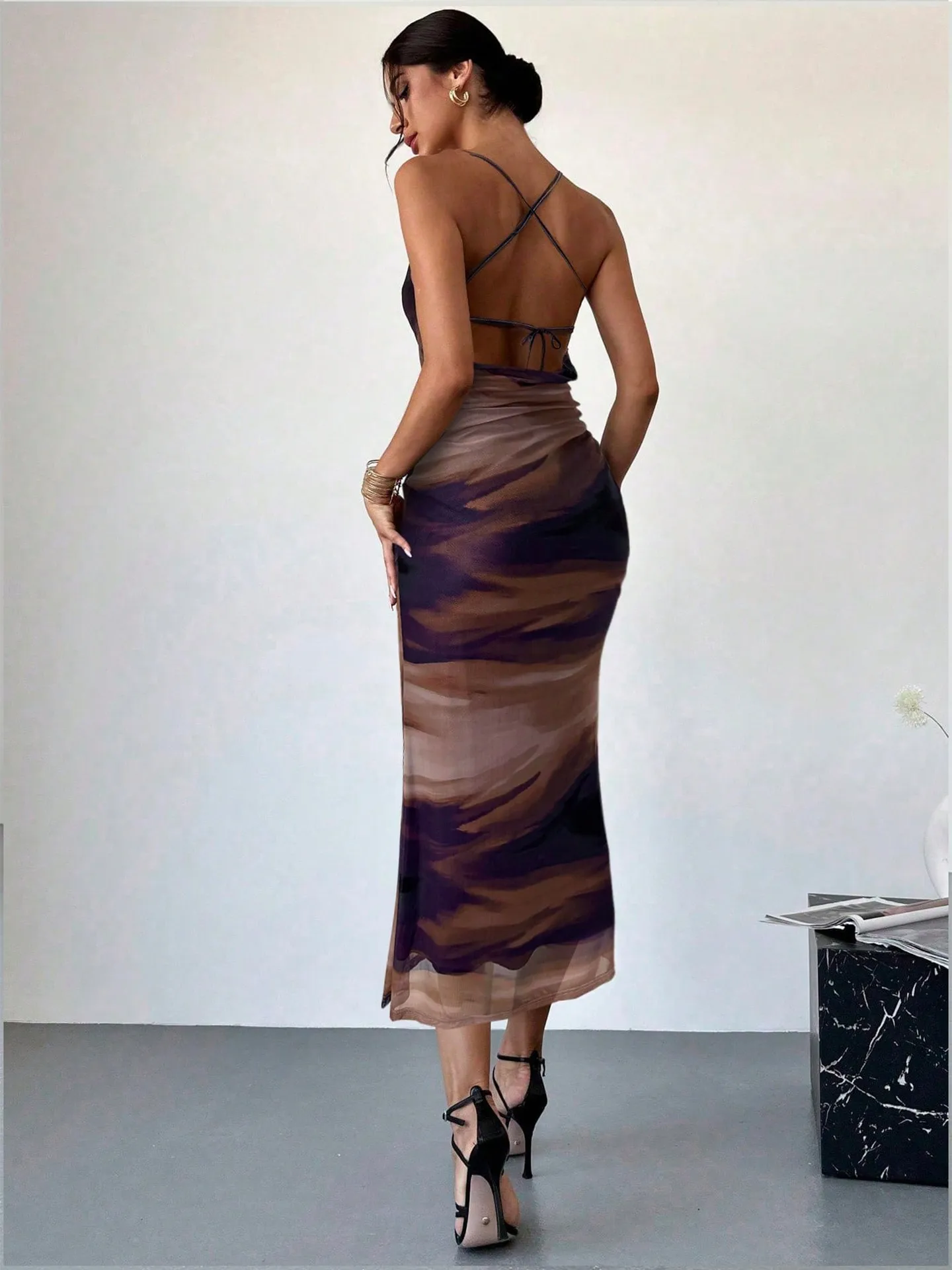 beach vacation dresses Flowy Bow Tie Smocked Sleeveless Midi Dress Vintage-Mauve Sexy Sheath Spaghetti Strap Color:Black Lace