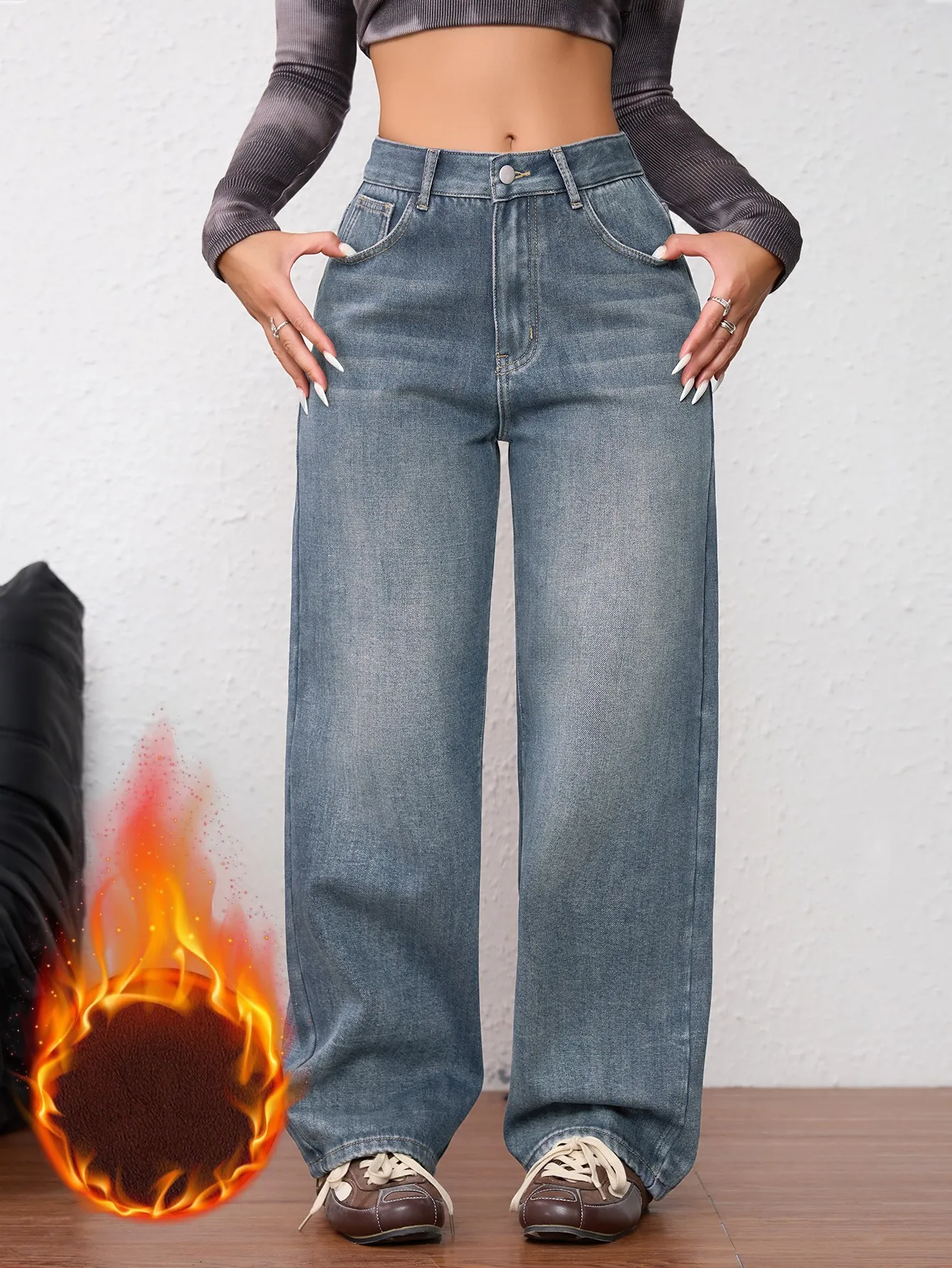 [ Slight Stretch ] High Waist Fleece-Lined Vintage Medium Wash Straight ...