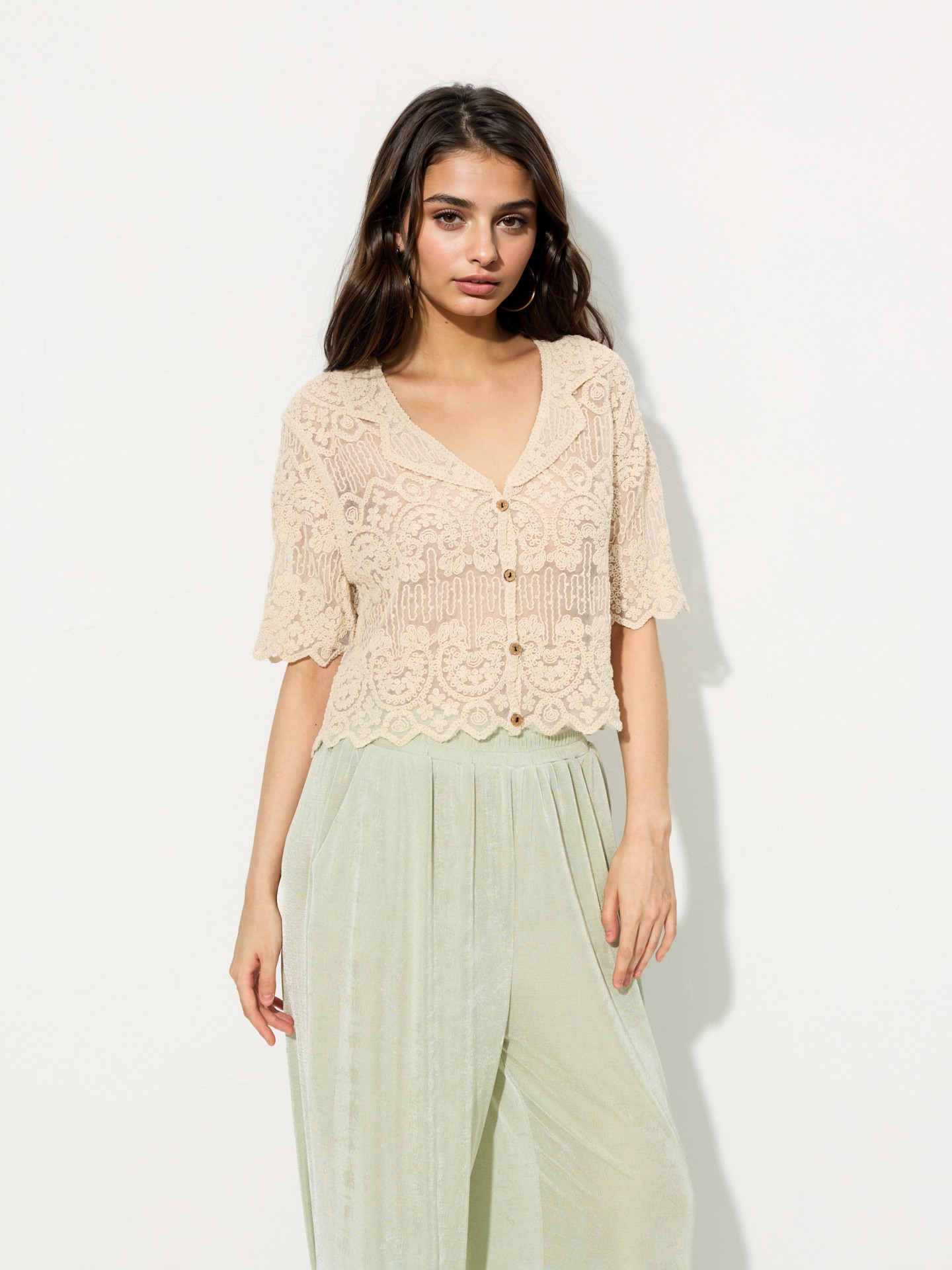 Off White Lace-trimmed Knit Cardigan