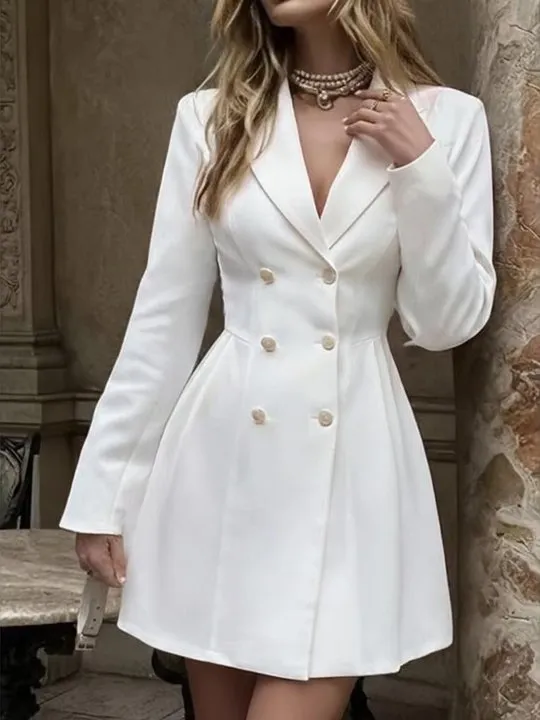 adrianna papell boat-neck a-line dress Zapakasa Ivory Peak Lapel Midi Engagement Blazer Dress with Sleeves Satin A  Line Bridal Dress with Buttons main image 0