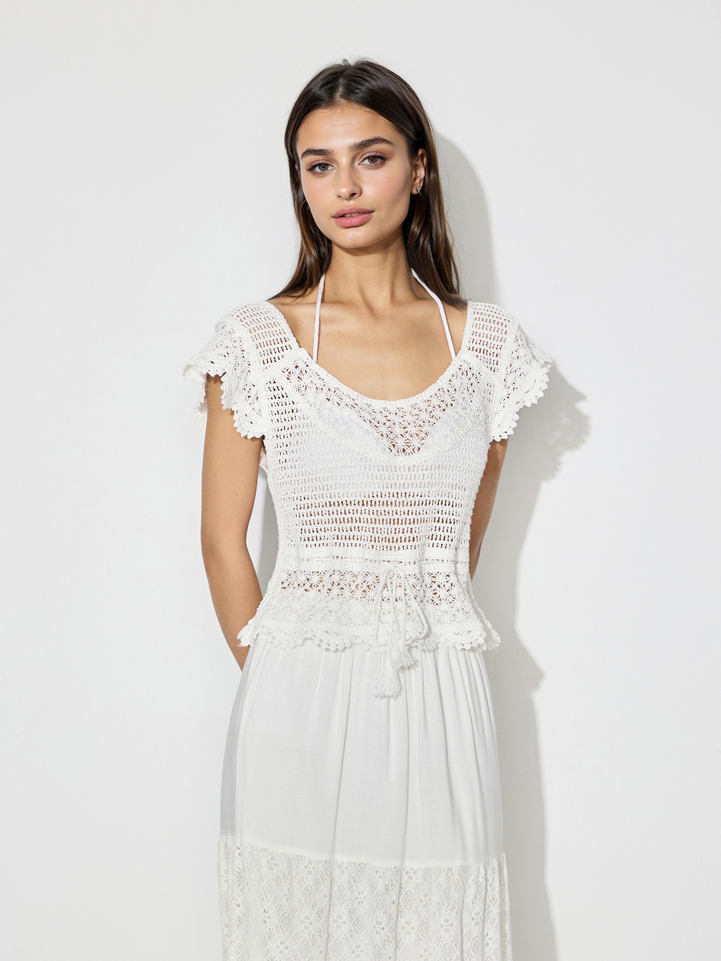 White Openwork Knit Top