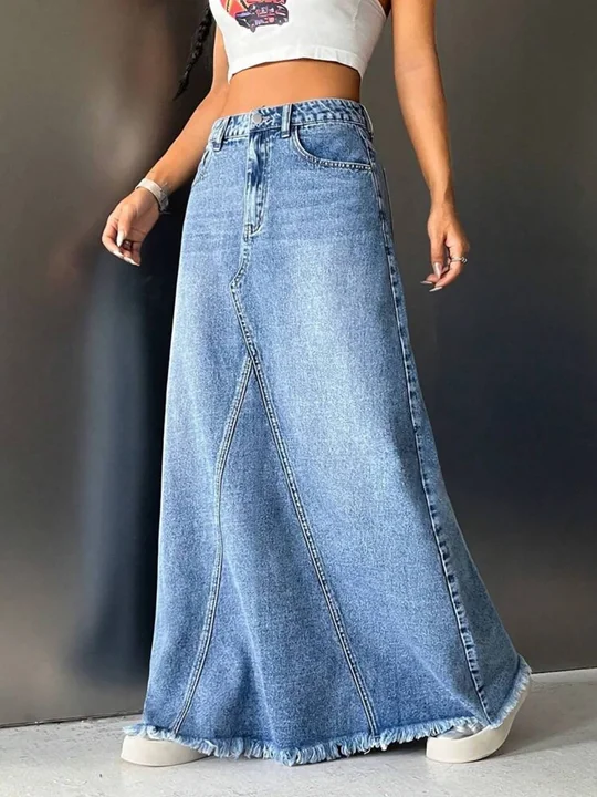 【WOOHWA】LEAF DENIM LONG SK Blue distressed denim skirt - women - RICK OWENS DRKSHDW