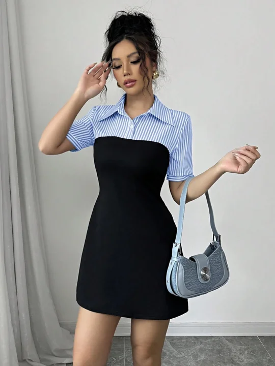 【DALLA】contrast fake two piece Fake two-piece contrast waist blouse | Savana | Bestsellers