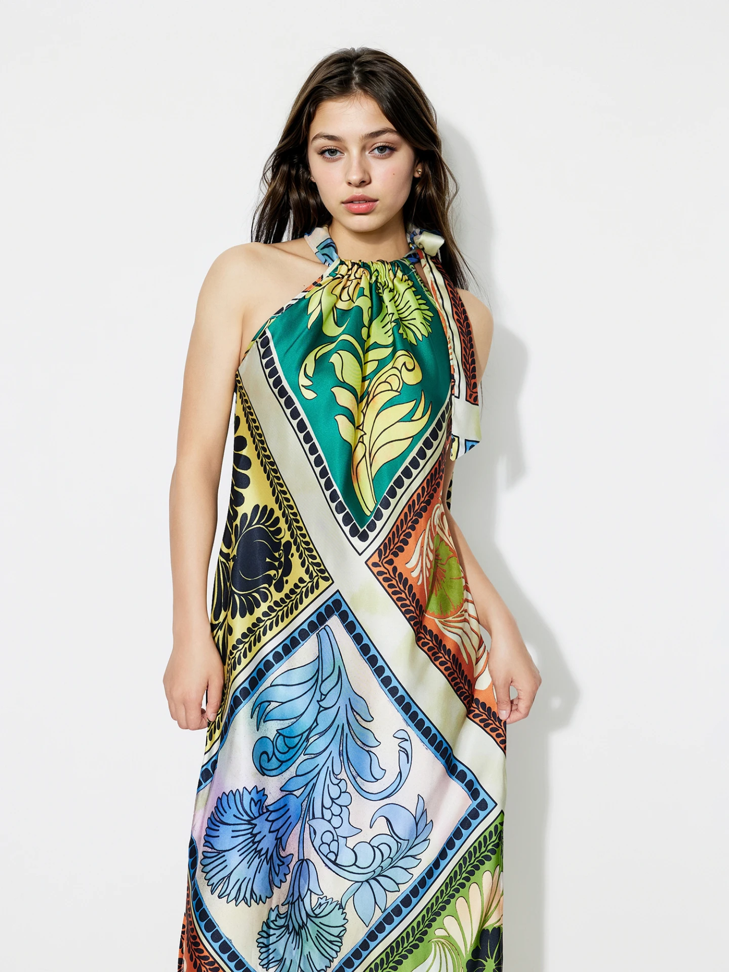 chinese dress ladies Floral Print A Line Dress with Shirred Ruched Bust
