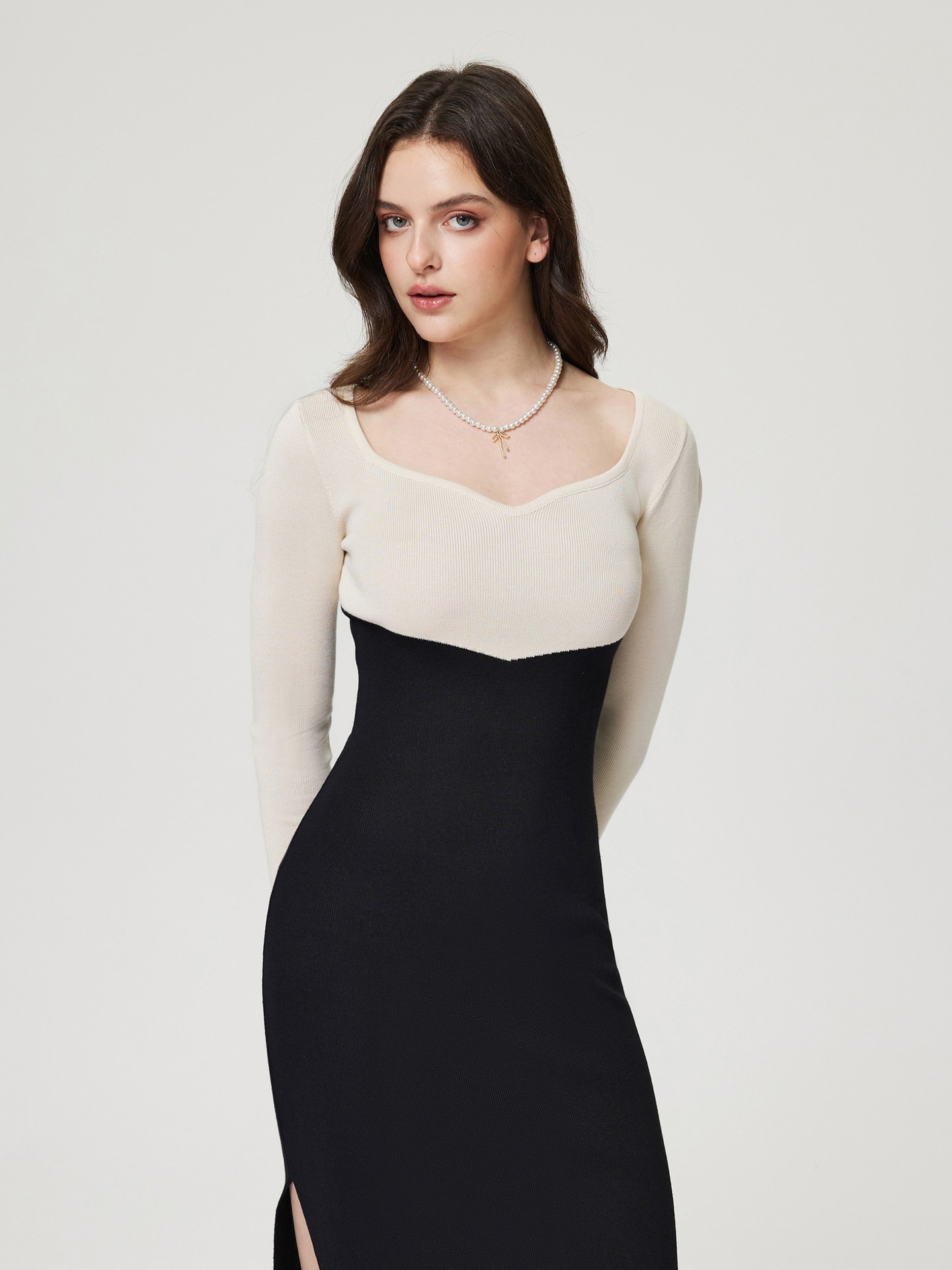 Beige Colour Block Knit Dress