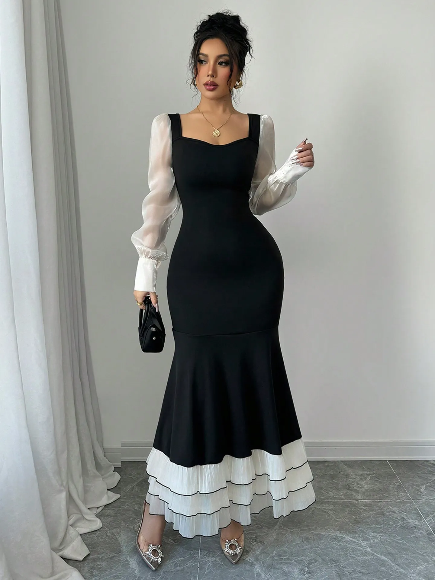 black and white fishtail dress BABEYOND Off Shoulder Textured Fishtail Prom Dress, Long Mermaid Sequin Evening Gown, Black, Size L main image 0