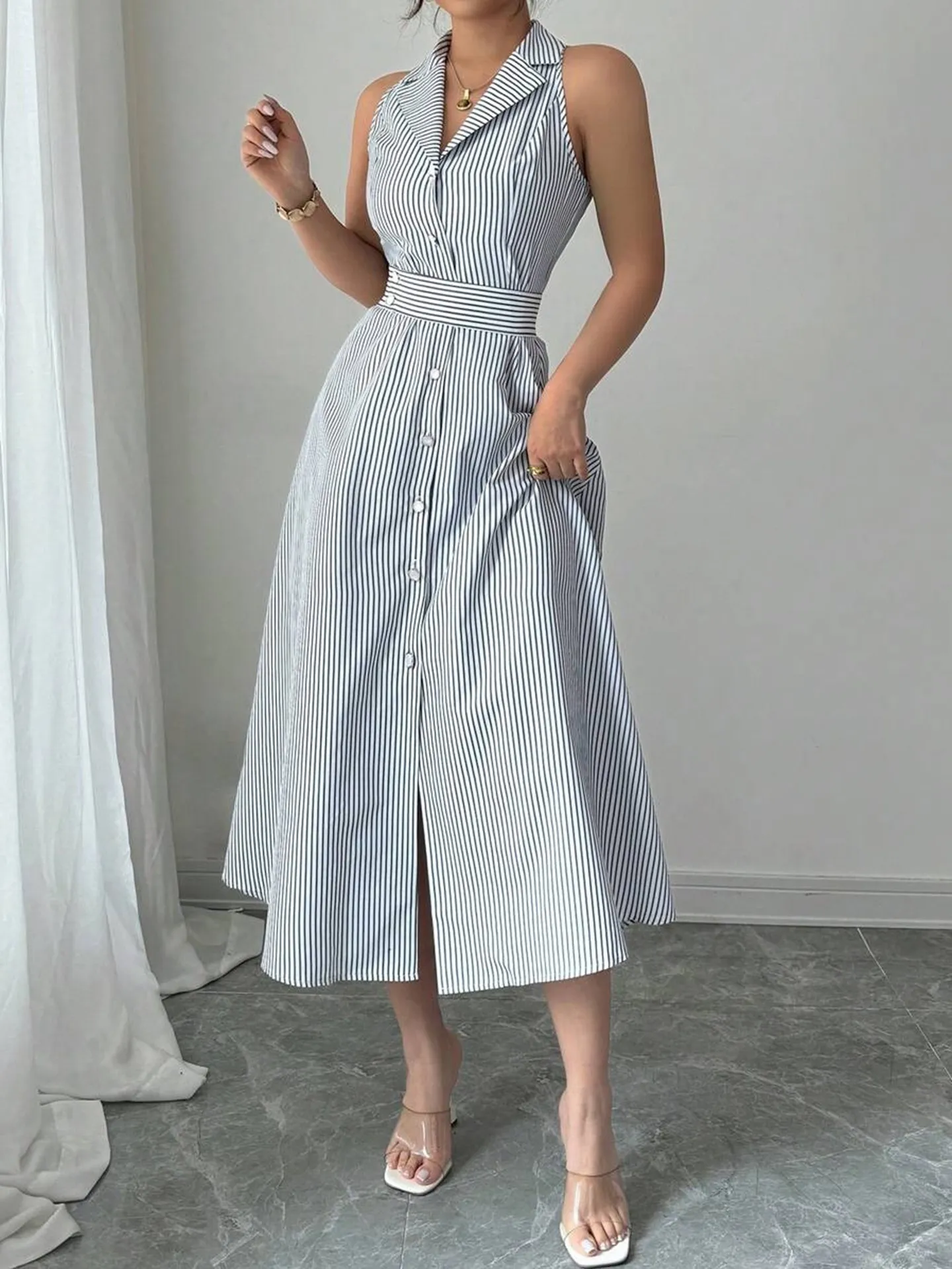 striped black and white shirt dress & Maxi Size:16 (1Y) Lace Up Ruffle Straps 2021 fashion dress