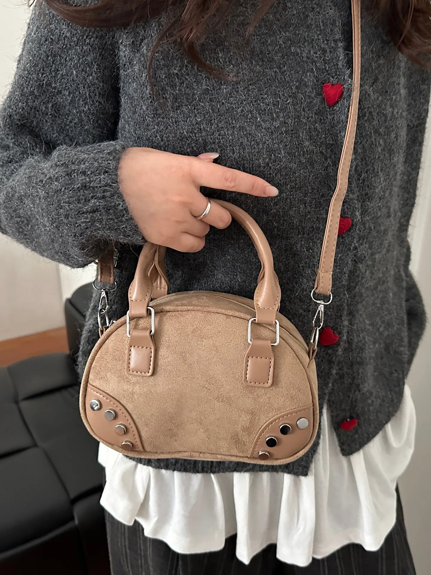 Studded Top Handle Shoulder Bag - Beige main image 0