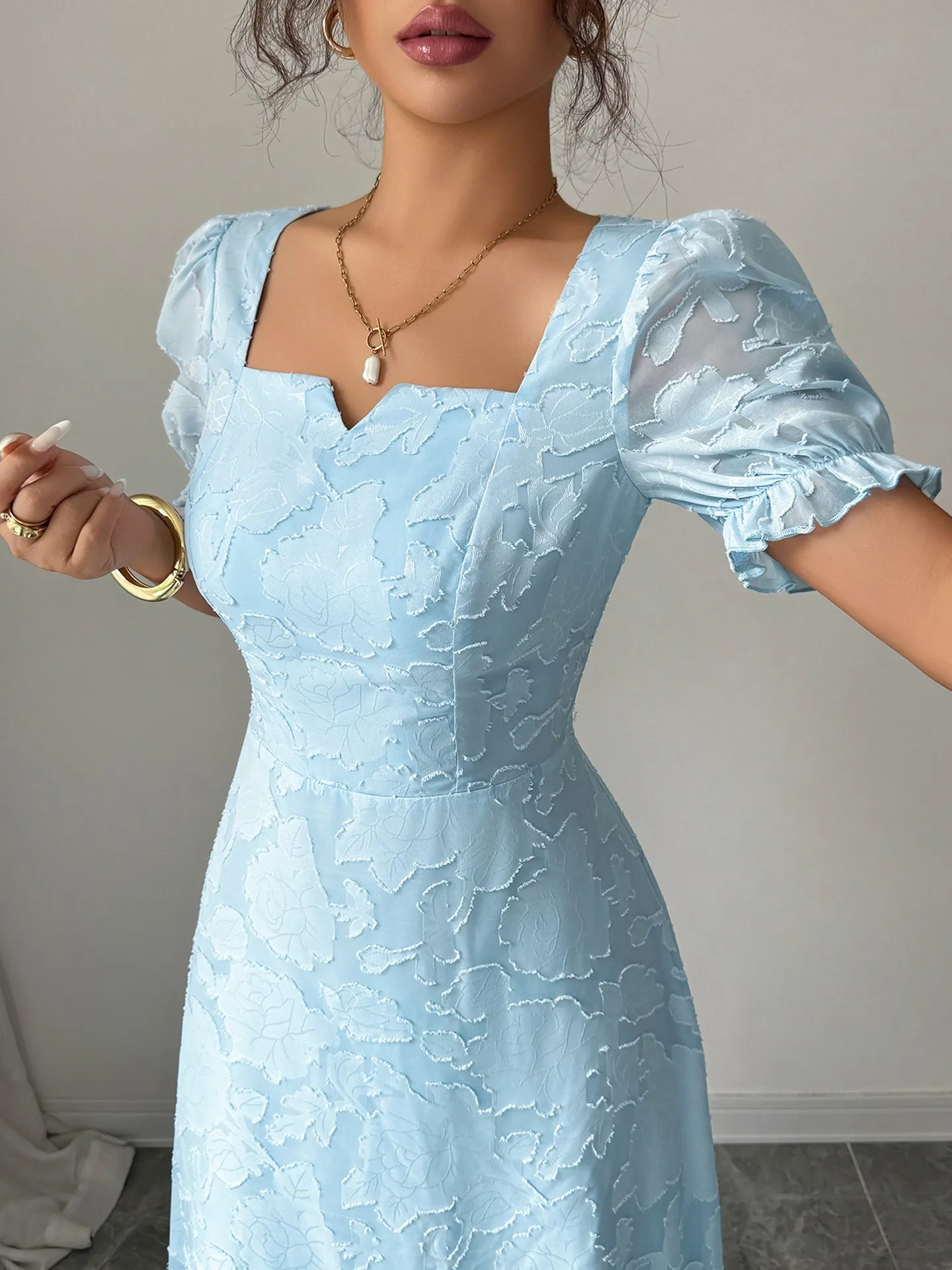 bubble sleeve jacquard dress ライトブルーL Bubble Sleeve A-Line Dress | Savana | Bestsellers