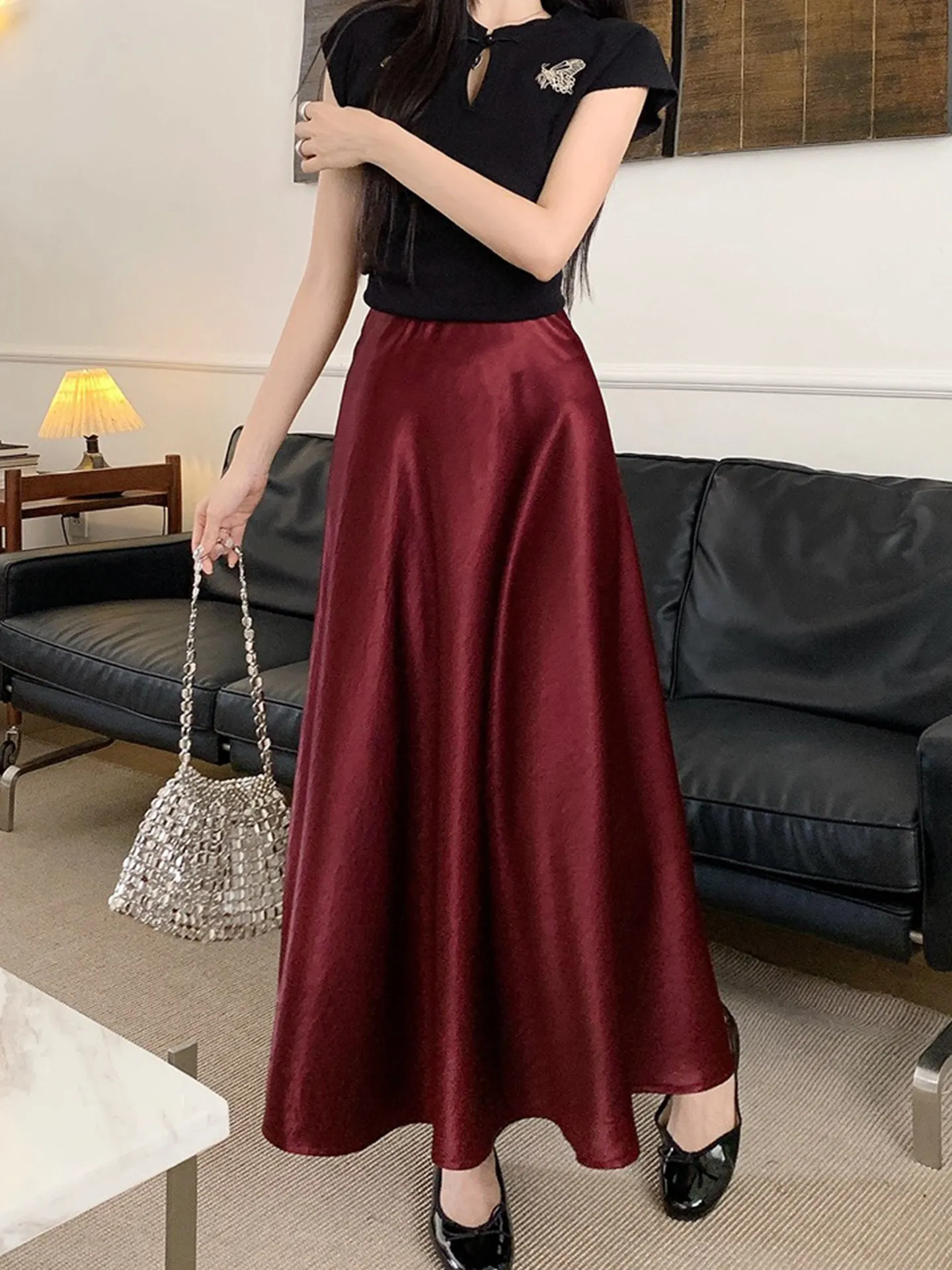 A-line Satin Midi Woven Skirt main image 1