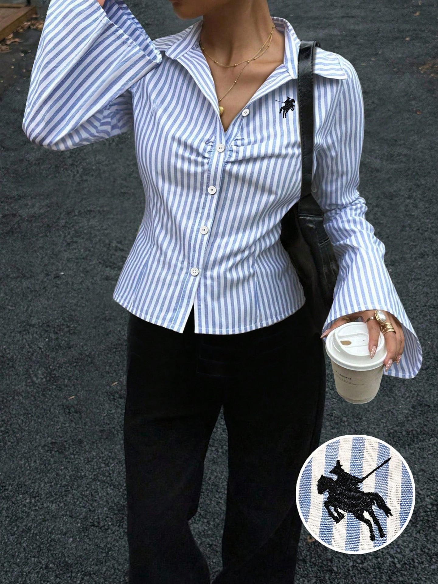 Blue Embroidered Placket Blouse