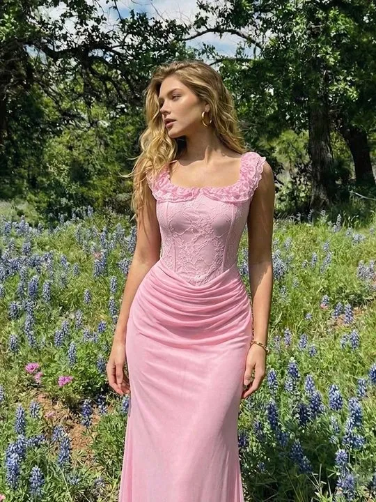 strapless open back dress Estelle Boho Ruffle Dress-Pink L