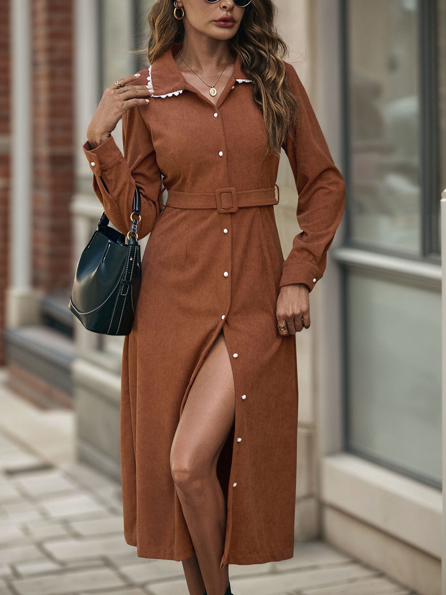 Brown Ruffle Shirt Dress