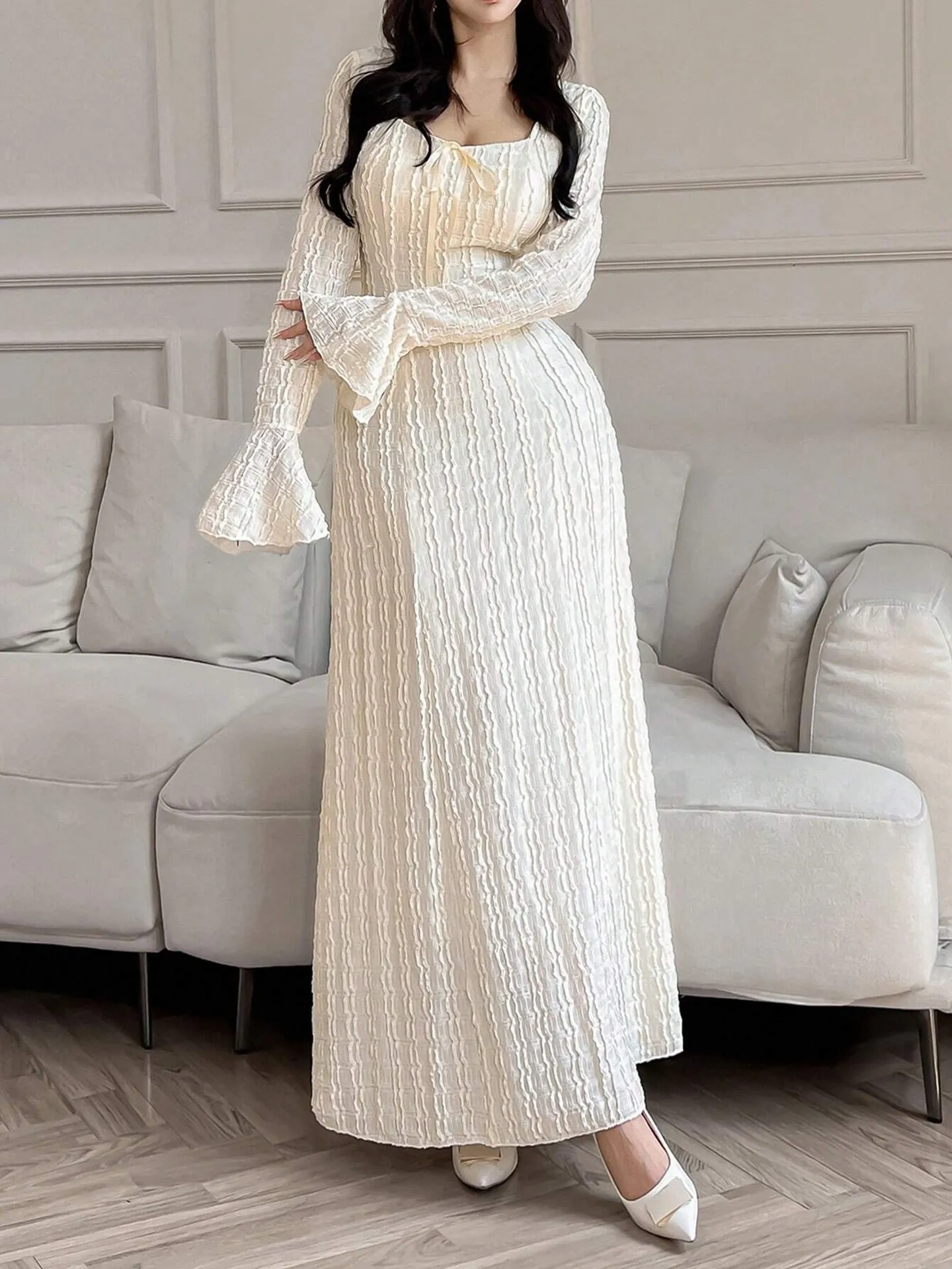 Tie Up A-line Dress with Elongated Shrug