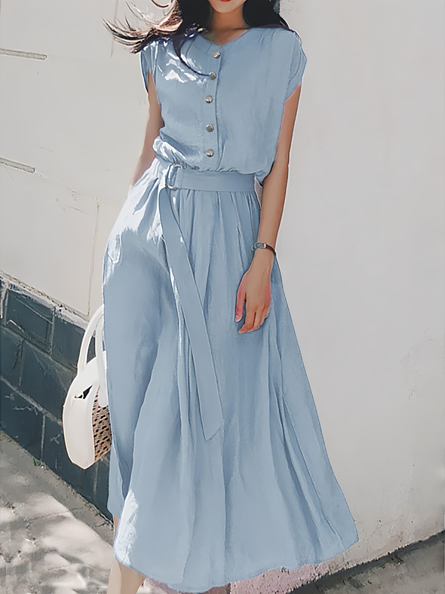 Light Blue Belted A-Line Dress
